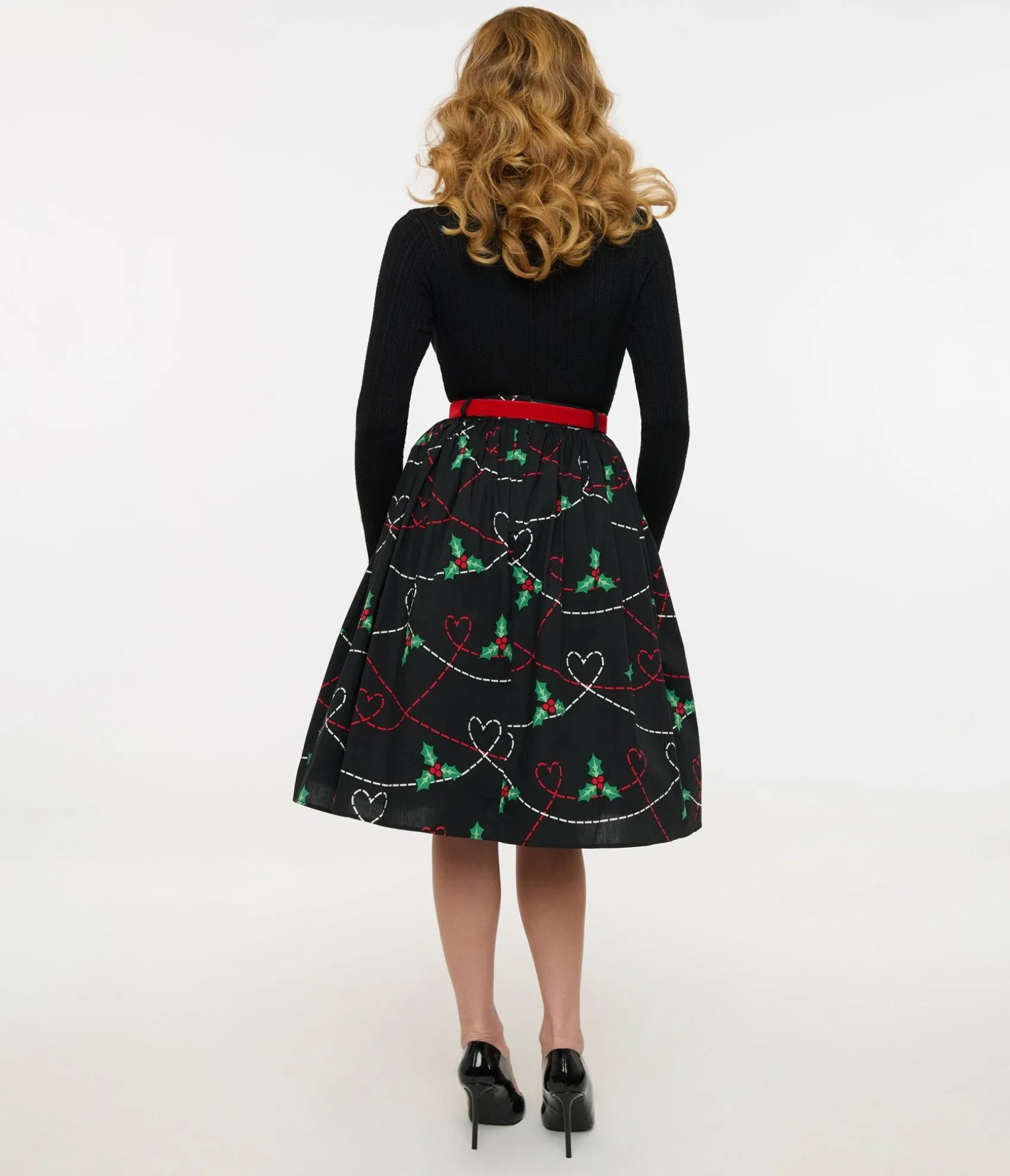 Unique Vintage Hell Bunny 1950s Festive Hearts & Holly Print Angelica Swing Skirt Fashion