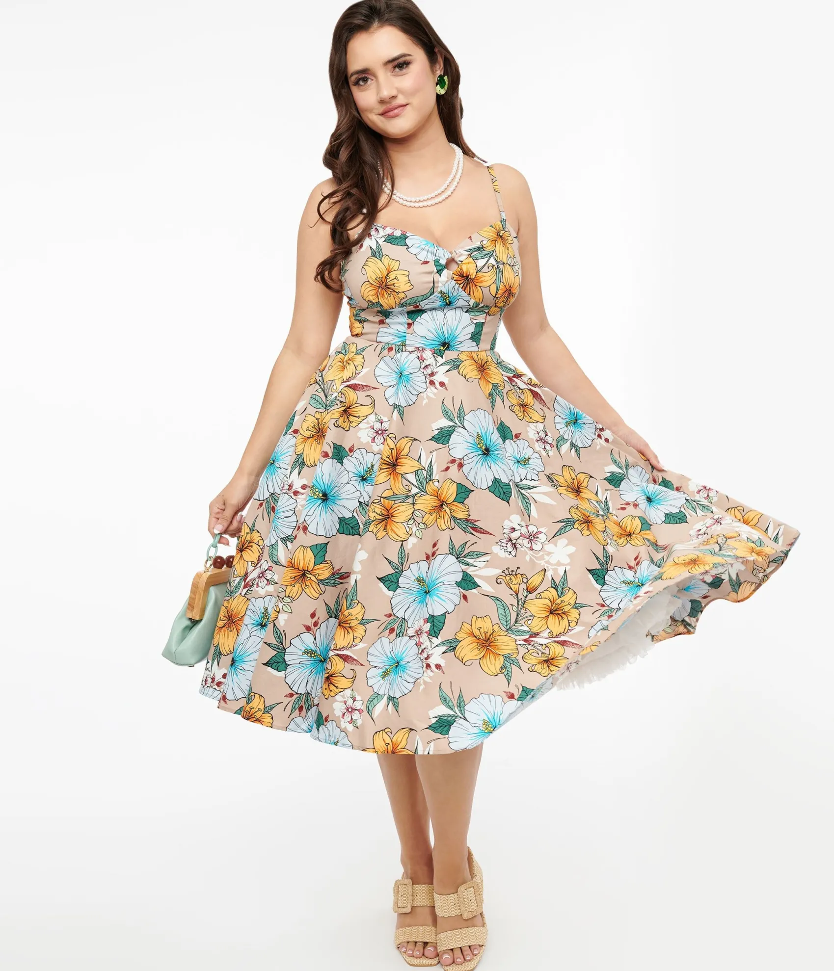 Unique Vintage Hell Bunny 1950s Light Brown & Blue Tropical Floral Print Cotton Pattaya Midi Dress Clearance