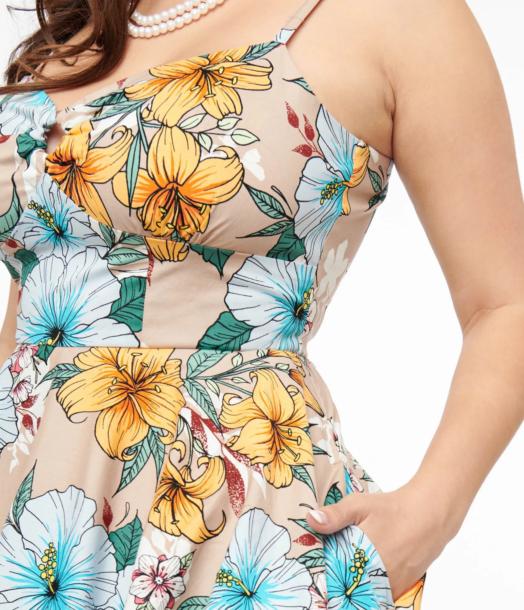 Unique Vintage Hell Bunny 1950s Light Brown & Blue Tropical Floral Print Cotton Pattaya Midi Dress Clearance