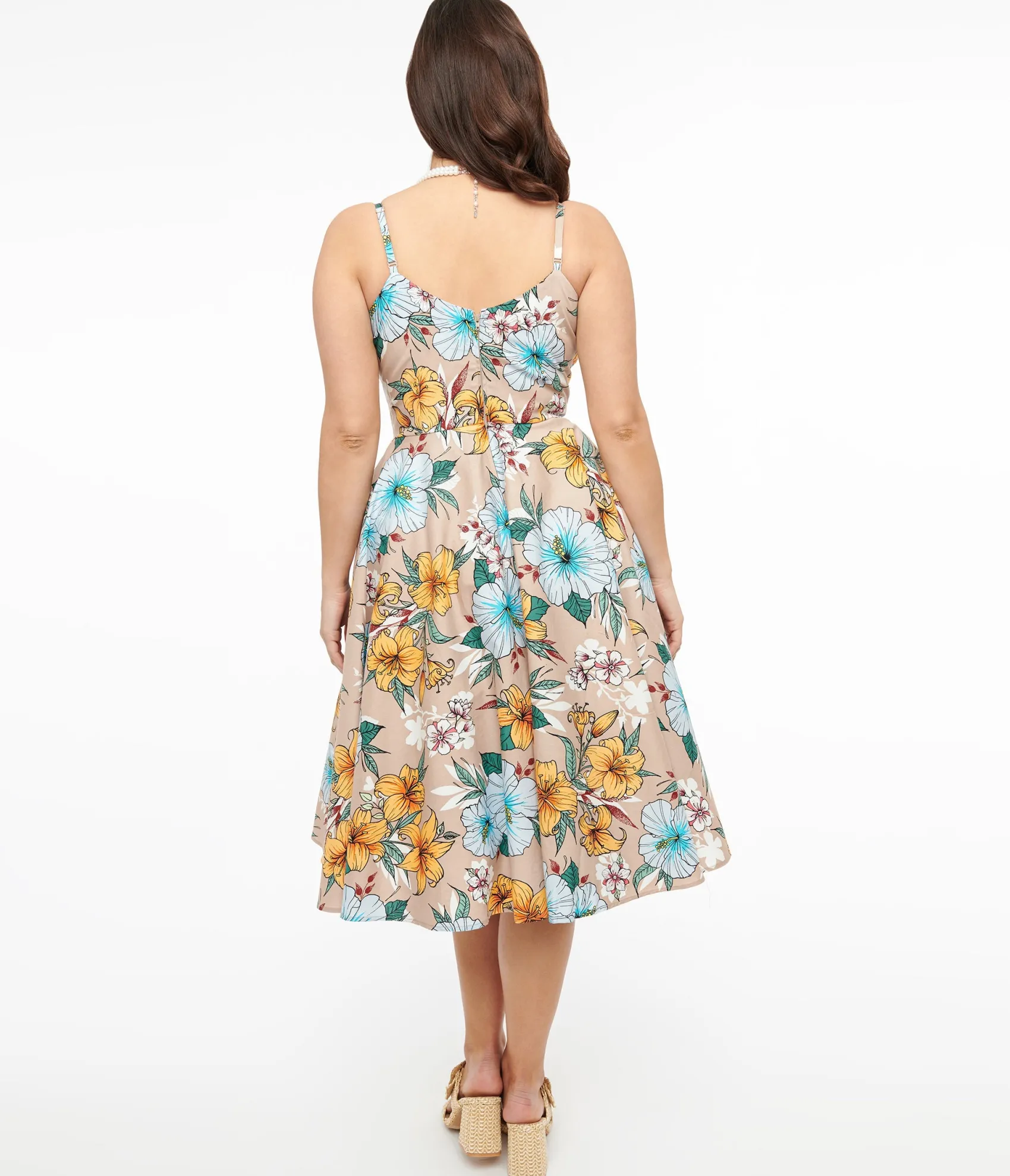 Unique Vintage Hell Bunny 1950s Light Brown & Blue Tropical Floral Print Cotton Pattaya Midi Dress Clearance