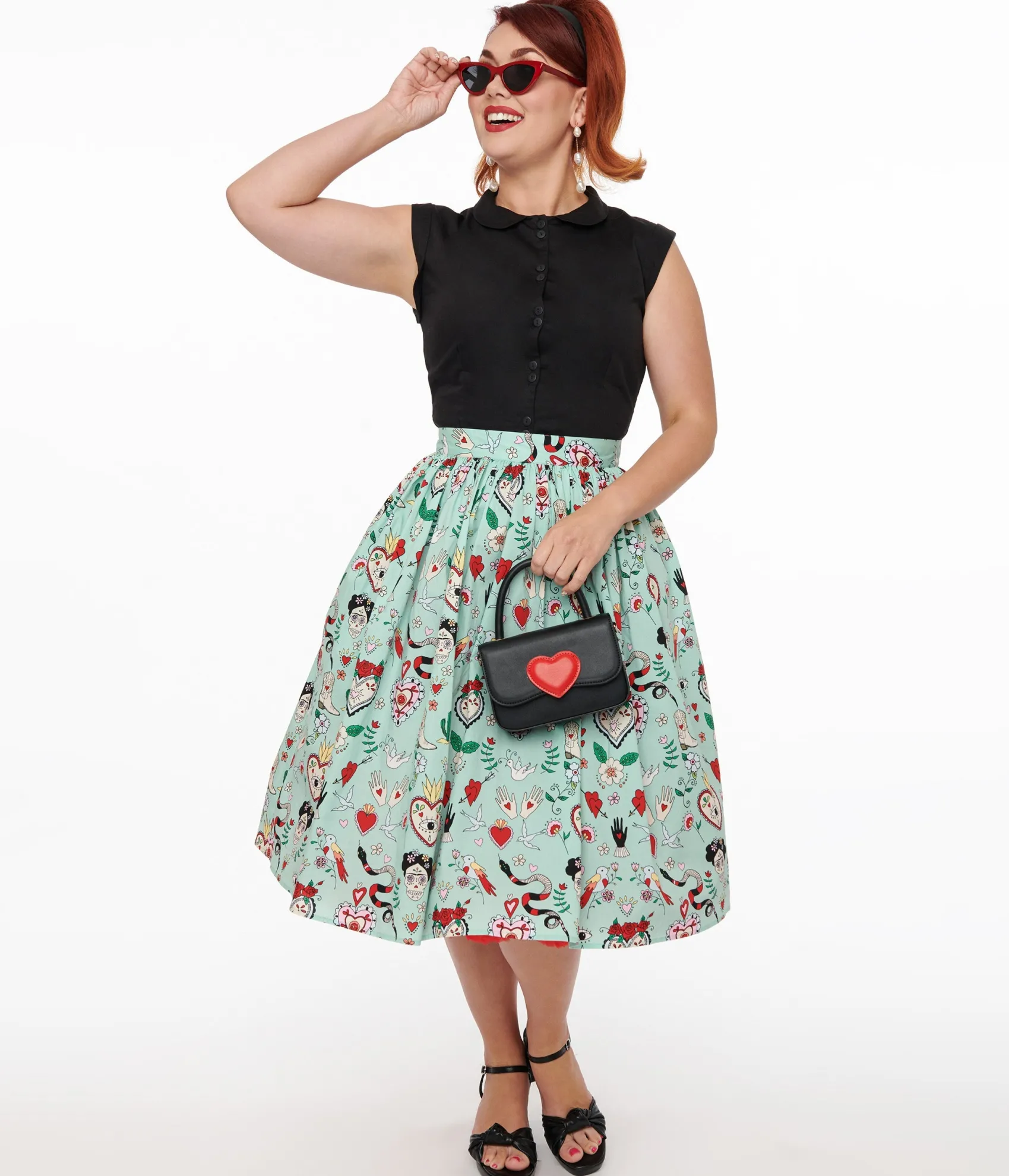 Unique Vintage Hell Bunny 1950s Mint Green Tijuana Print Cotton Swing Skirt Outlet