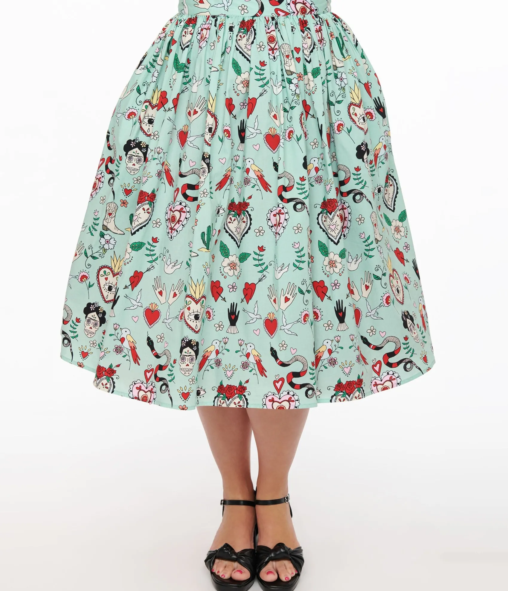 Unique Vintage Hell Bunny 1950s Mint Green Tijuana Print Cotton Swing Skirt Outlet