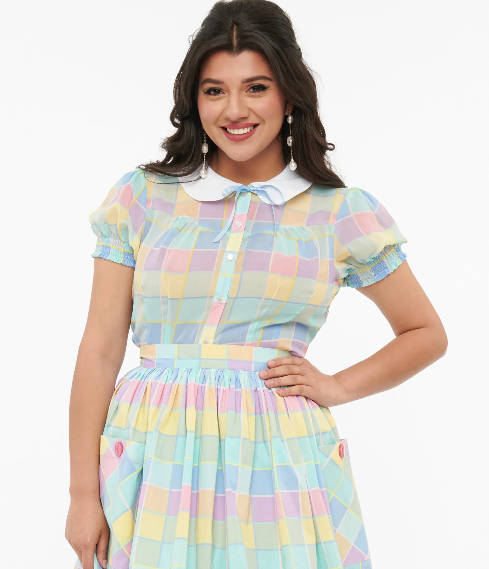 Unique Vintage Hell Bunny 1950s Pastel Check Collared Skye Blouse Outlet