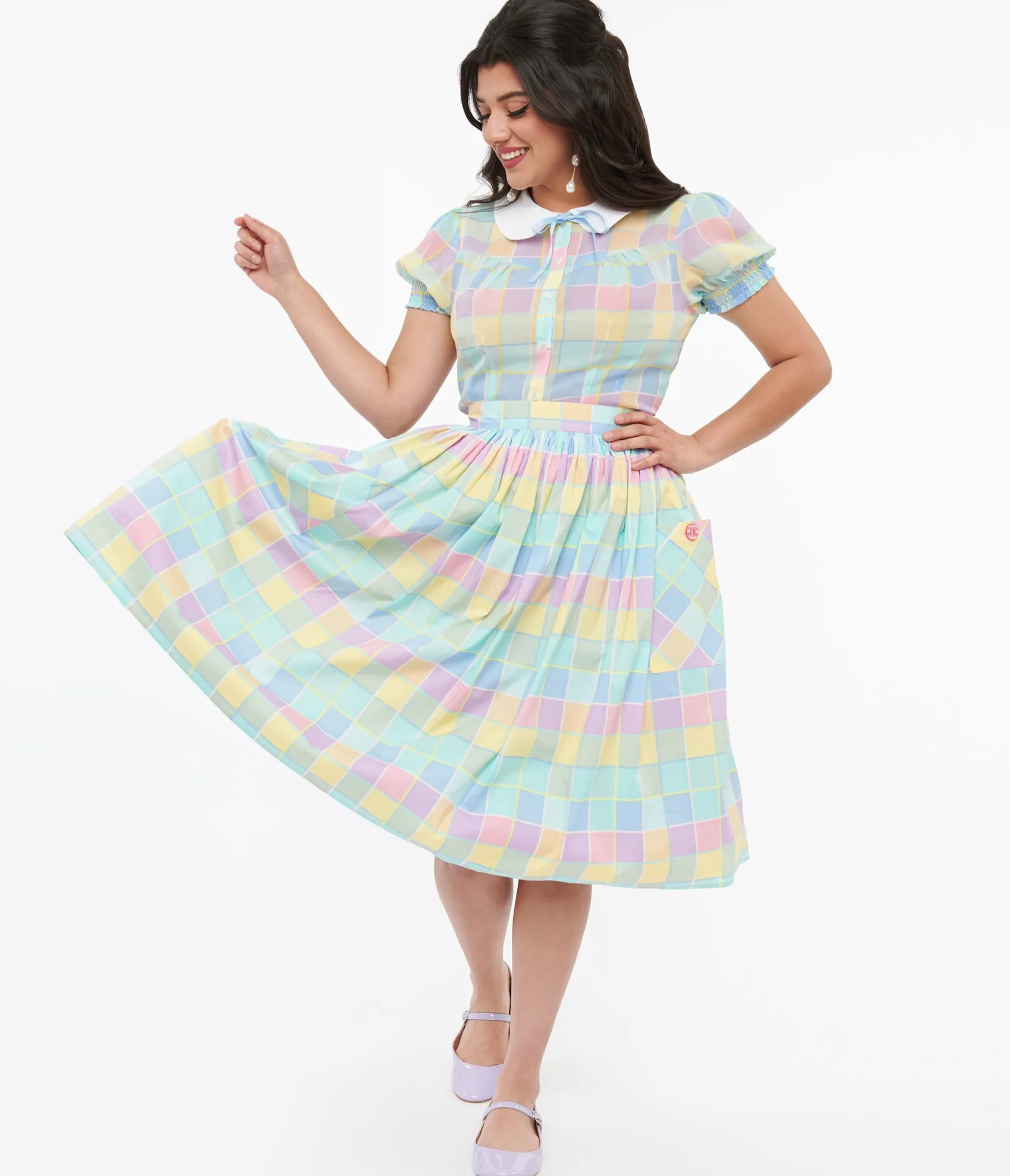 Unique Vintage Hell Bunny 1950s Pastel Check Cotton Skye Swing Skirt Store