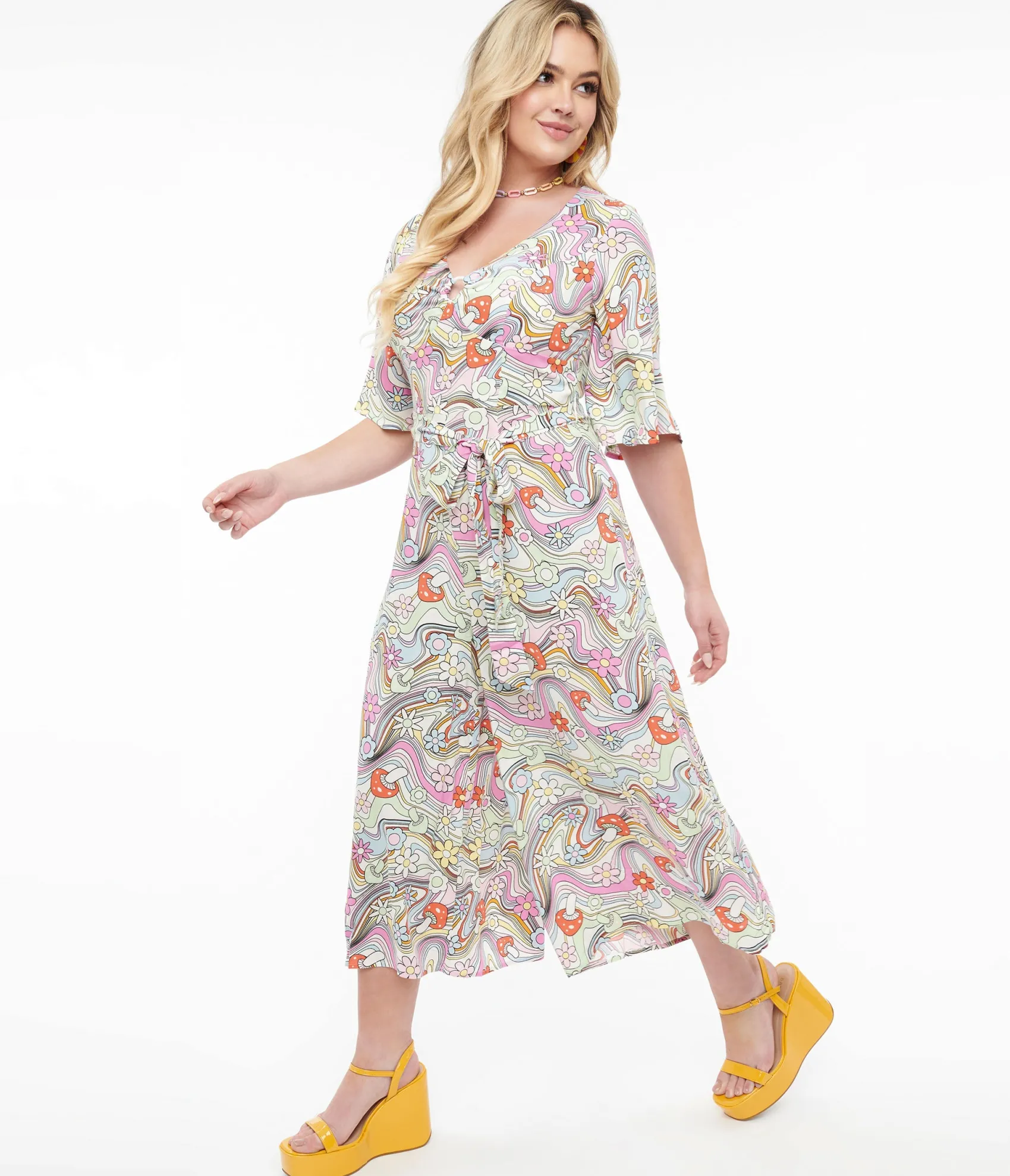Unique Vintage Hell Bunny 1960s Pastel Rainbow Hazy Daze Floral Jumpsuit Outlet