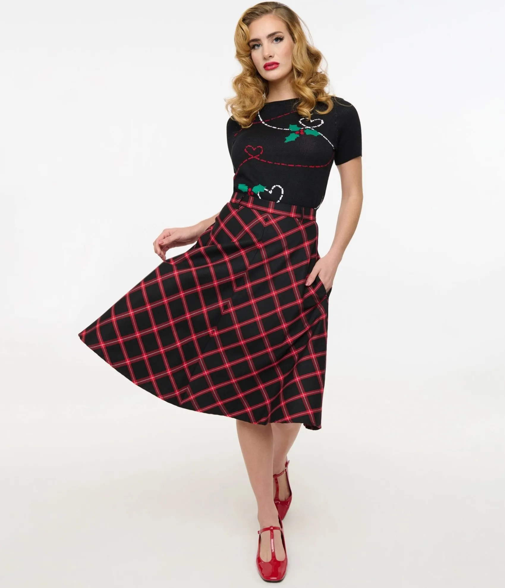 Unique Vintage Hell Bunny 1950s Red & Black Tartan Janine Swing Skirt Shop