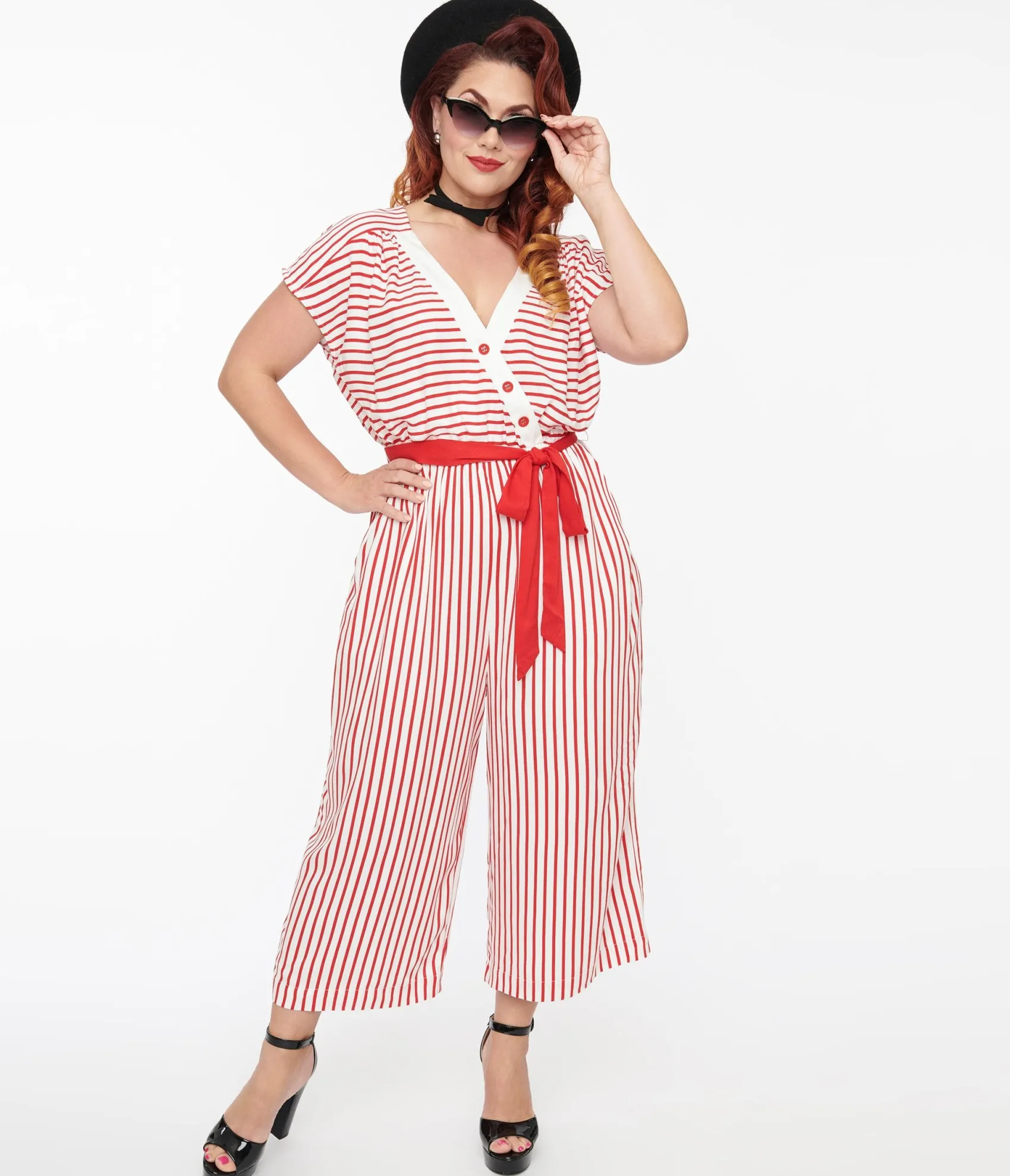 Unique Vintage Hell Bunny 1950s White & Red Striped Jumpsuit Store