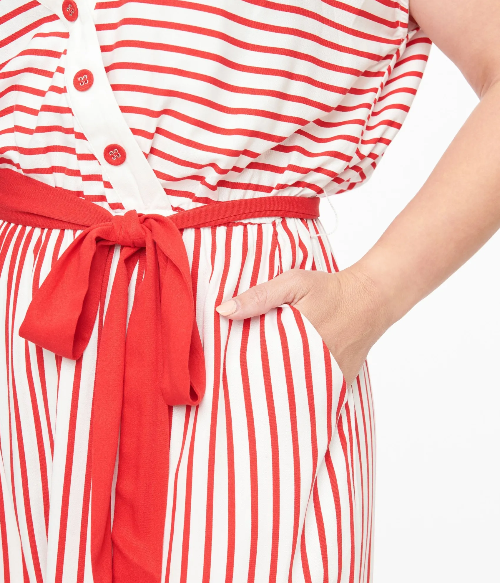 Unique Vintage Hell Bunny 1950s White & Red Striped Jumpsuit Store