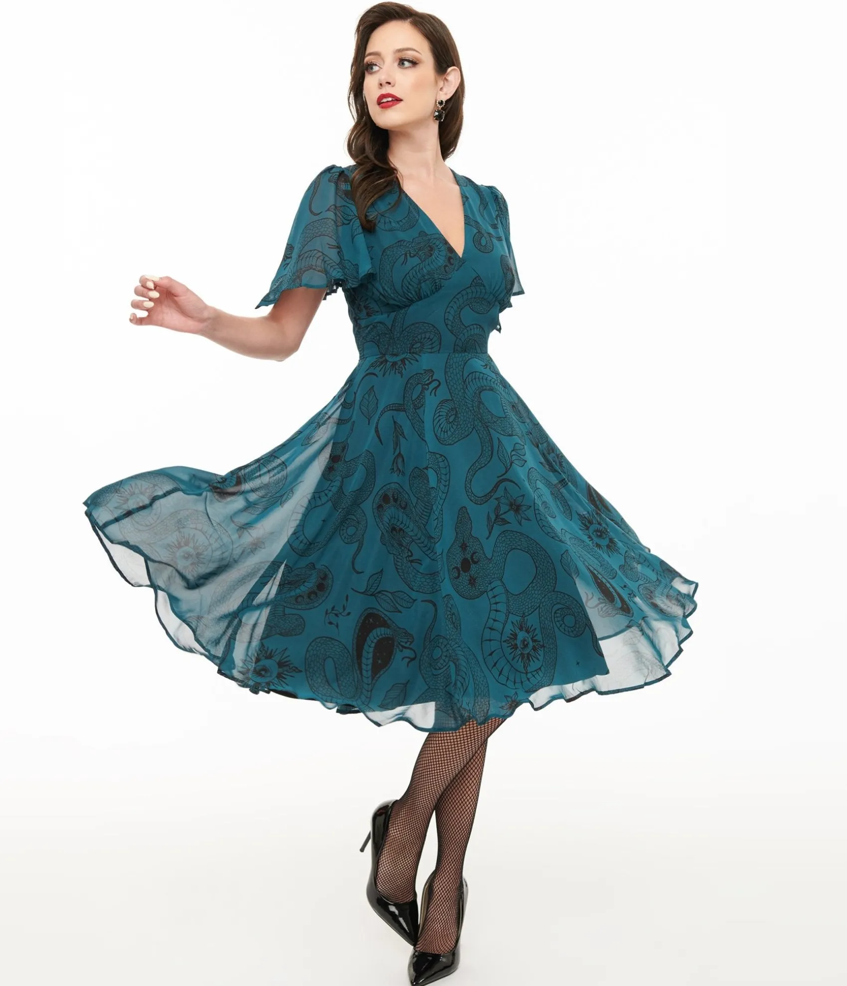 Unique Vintage Hell Bunny Teal Snake Venom Midi Dress Flash Sale