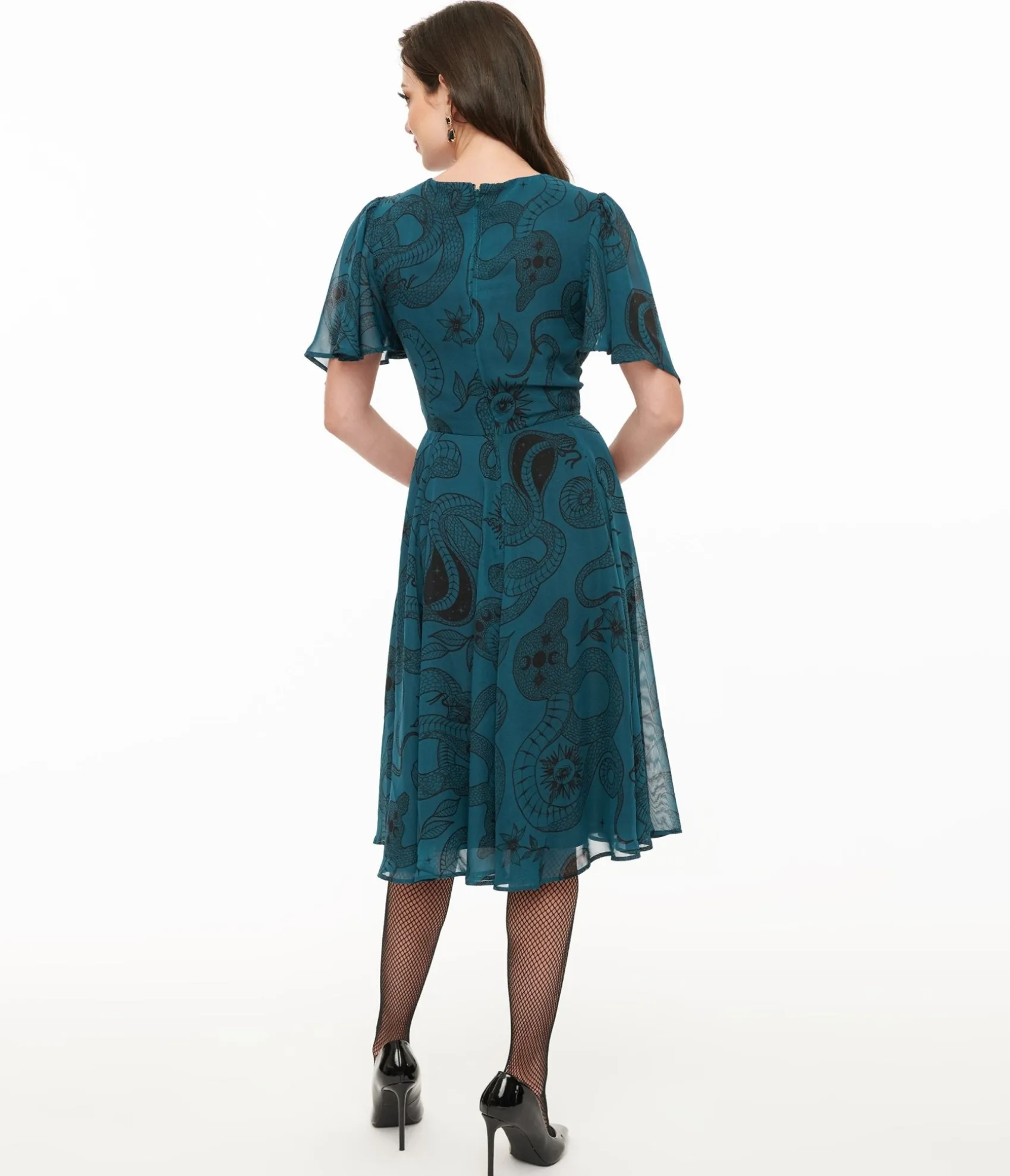 Unique Vintage Hell Bunny Teal Snake Venom Midi Dress Flash Sale