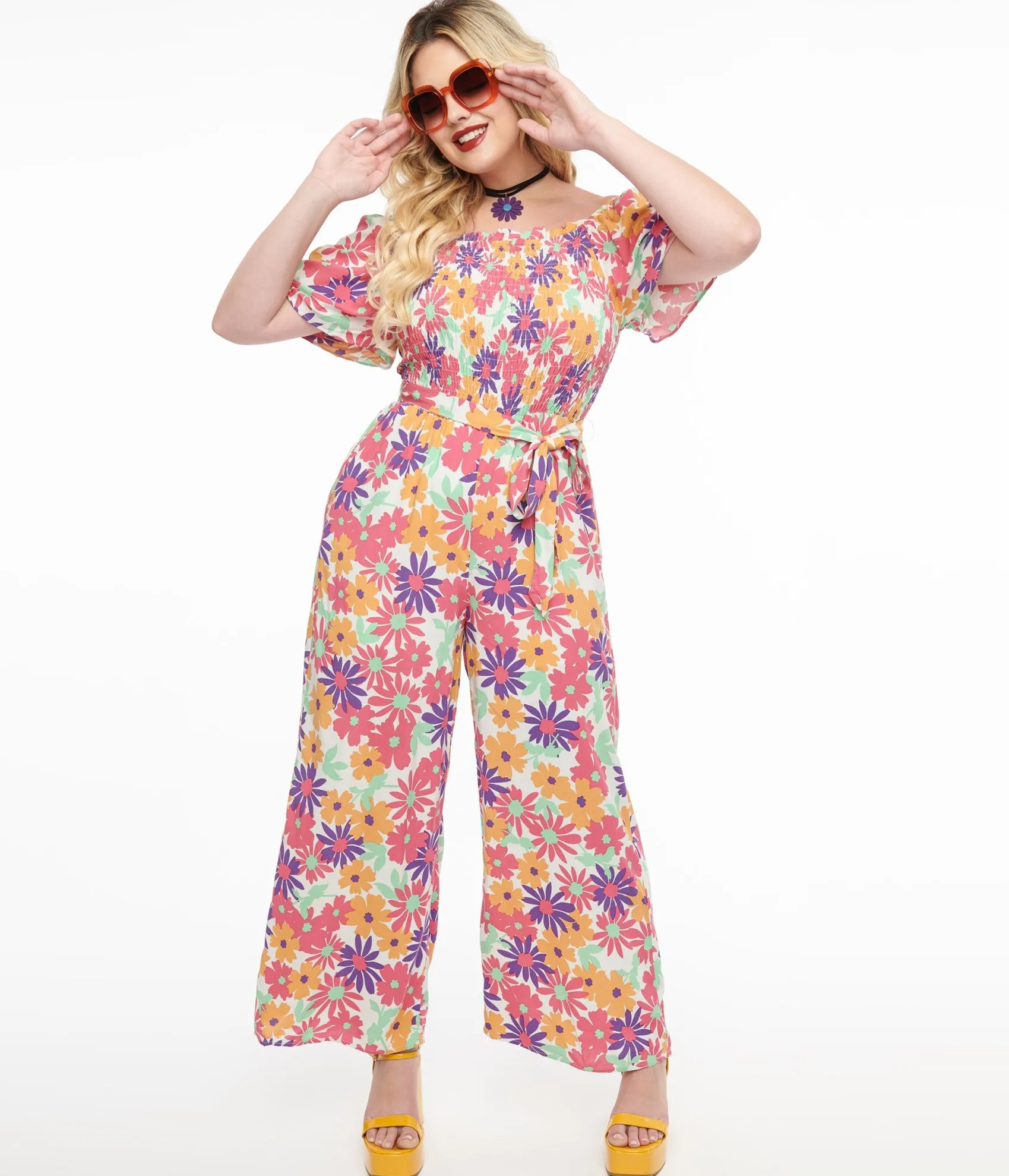 Unique Vintage Hot Pink & Purple Floral Flutter Sleeve Jumpsuit Outlet