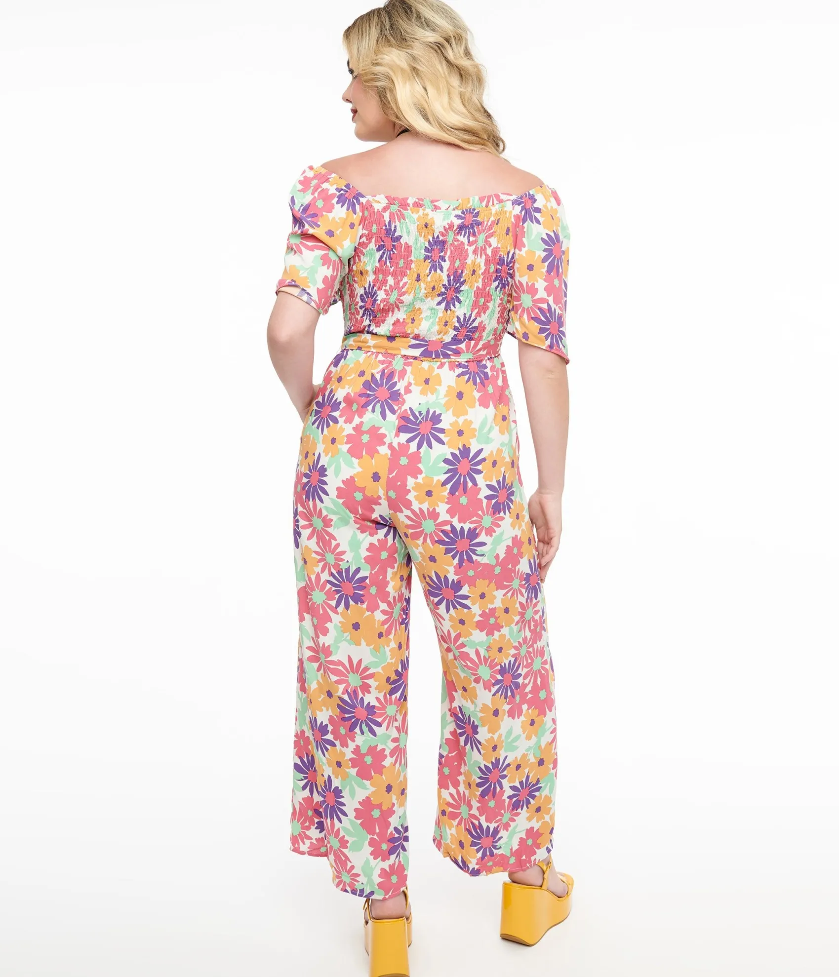 Unique Vintage Hot Pink & Purple Floral Flutter Sleeve Jumpsuit Outlet