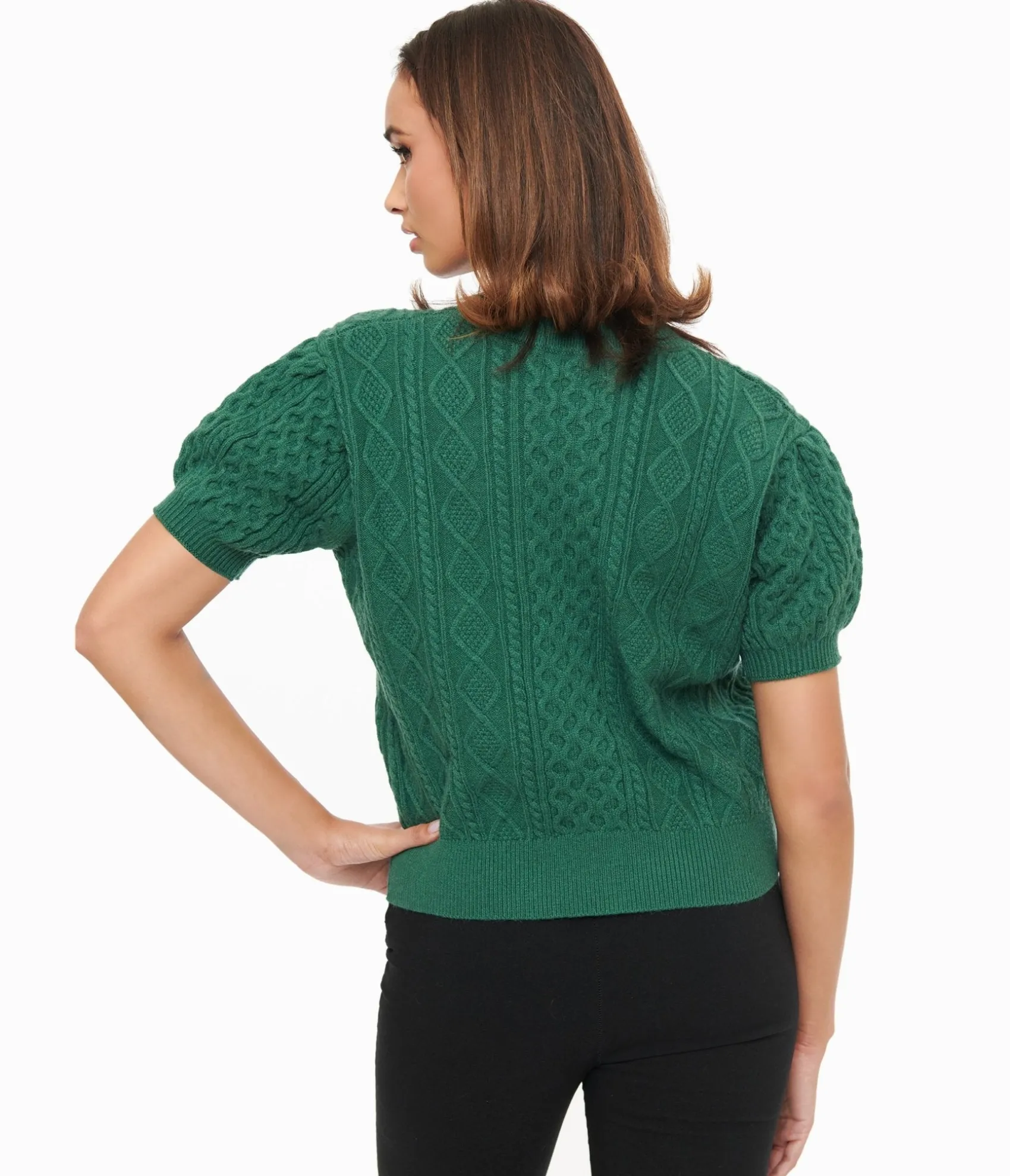 Unique Vintage Hunter Green Cable Knit Short Sleeve Sweater Best Sale