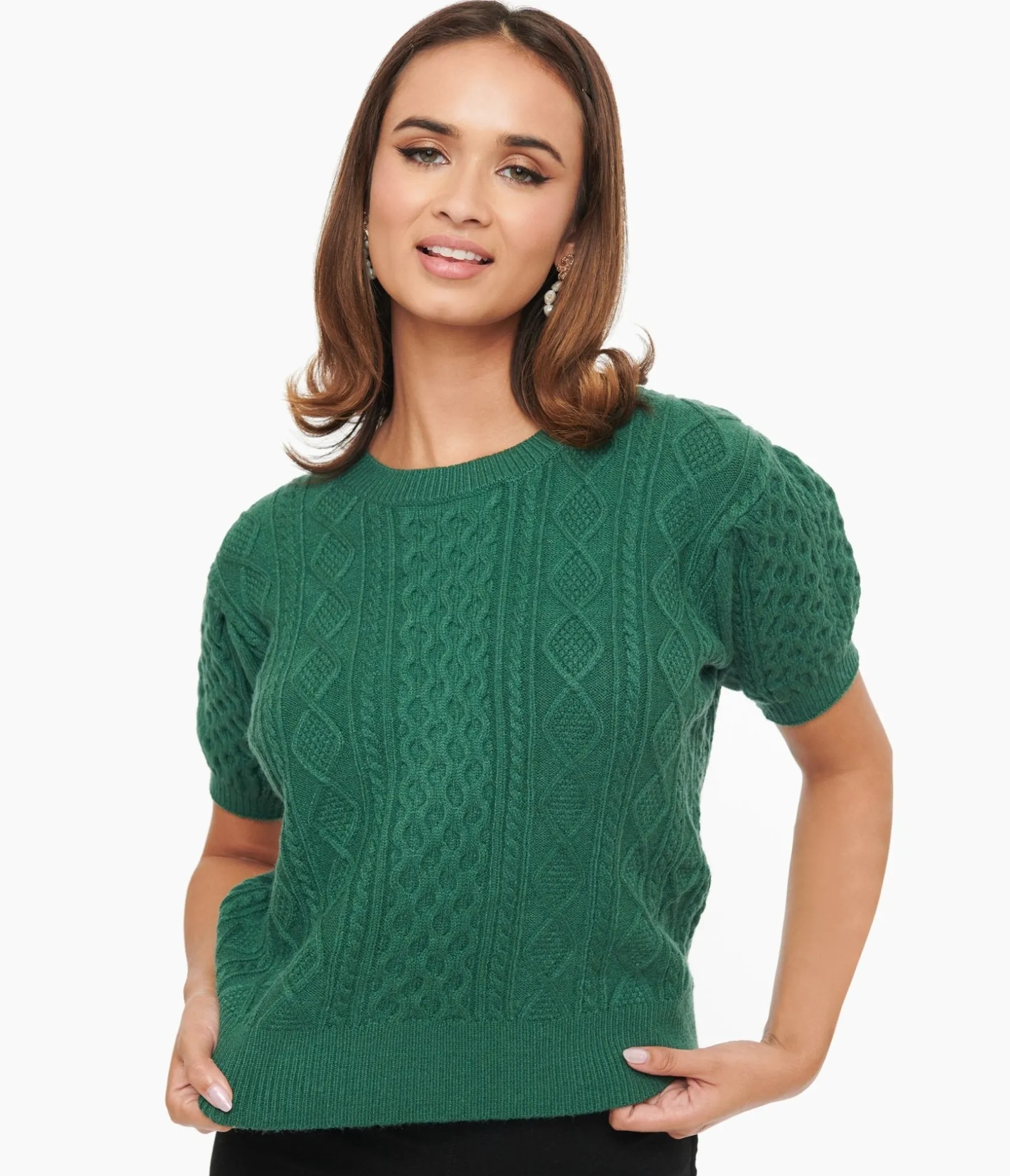 Unique Vintage Hunter Green Cable Knit Short Sleeve Sweater Best Sale