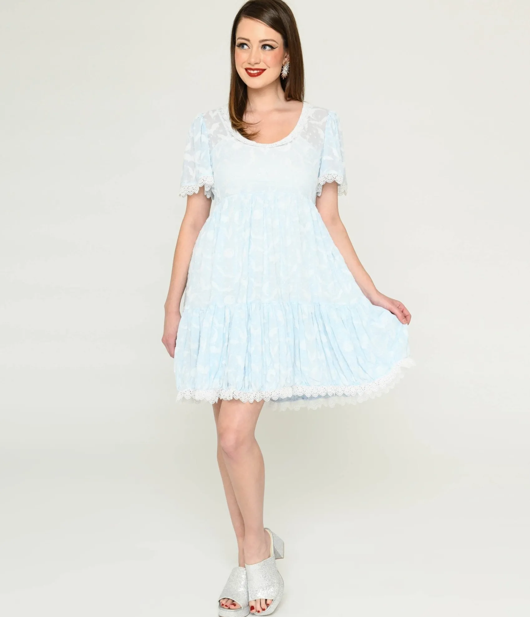 Unique Vintage Ice Blue Bat & Moon Flocked Babydoll Dress Store