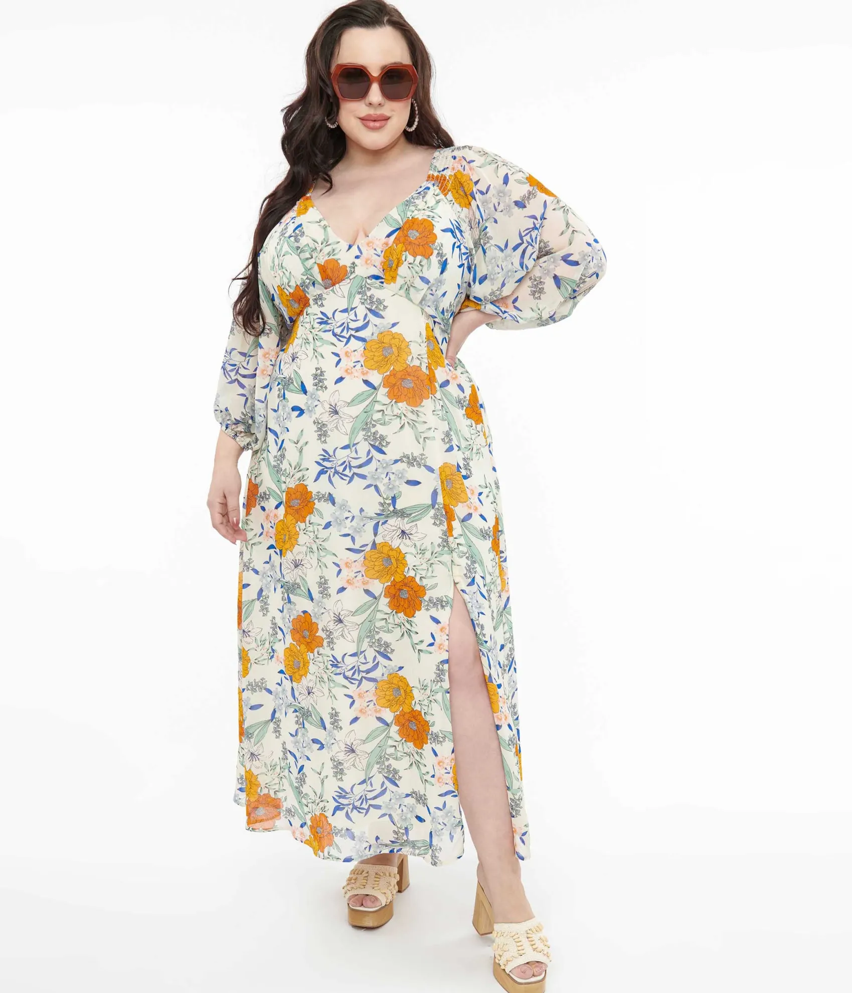 Unique Vintage Ivory & Multicolor Floral Maxi Dress Cheap