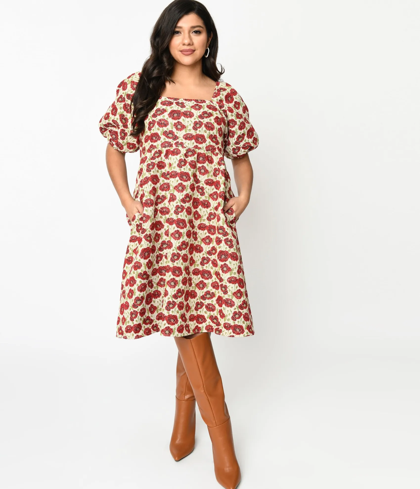 Unique Vintage Ivory & Red Floral Kiss Jacquard Fit & Flare Dress Cheap