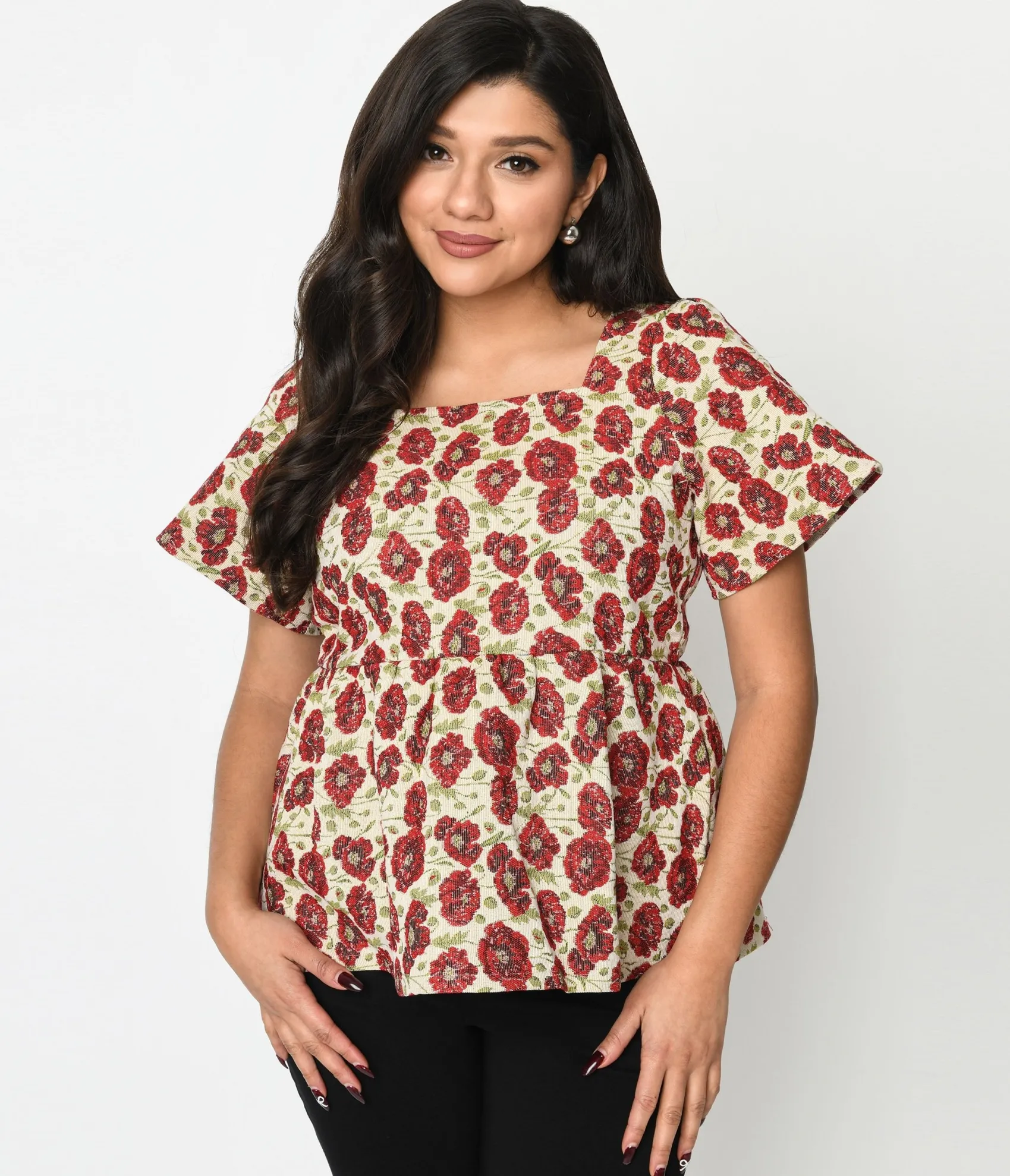 Unique Vintage Ivory & Red Floral Kiss Jacquard Peplum Top Store