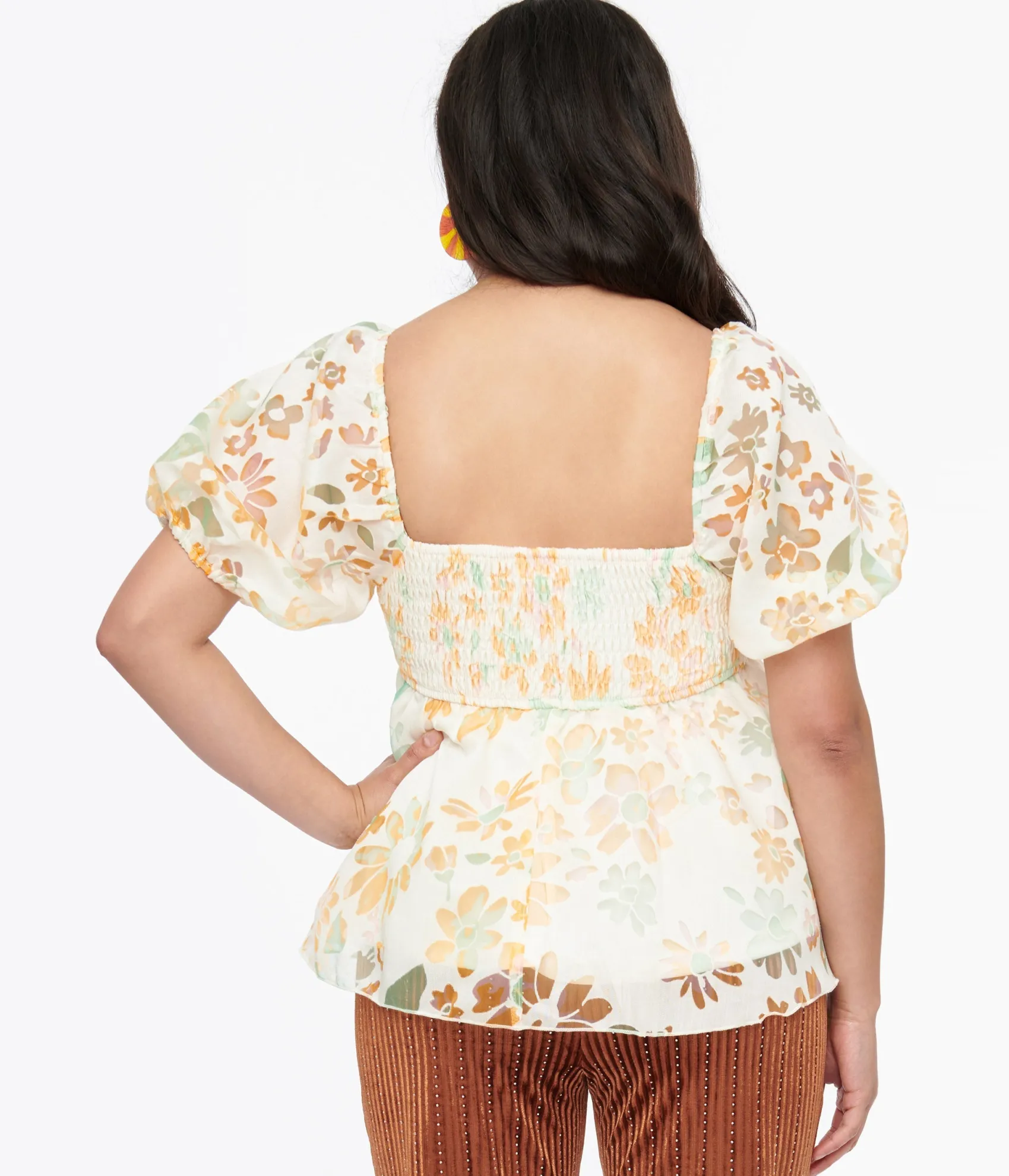 Unique Vintage Ivory & Tangerine Floral Babydoll Blouse Cheap