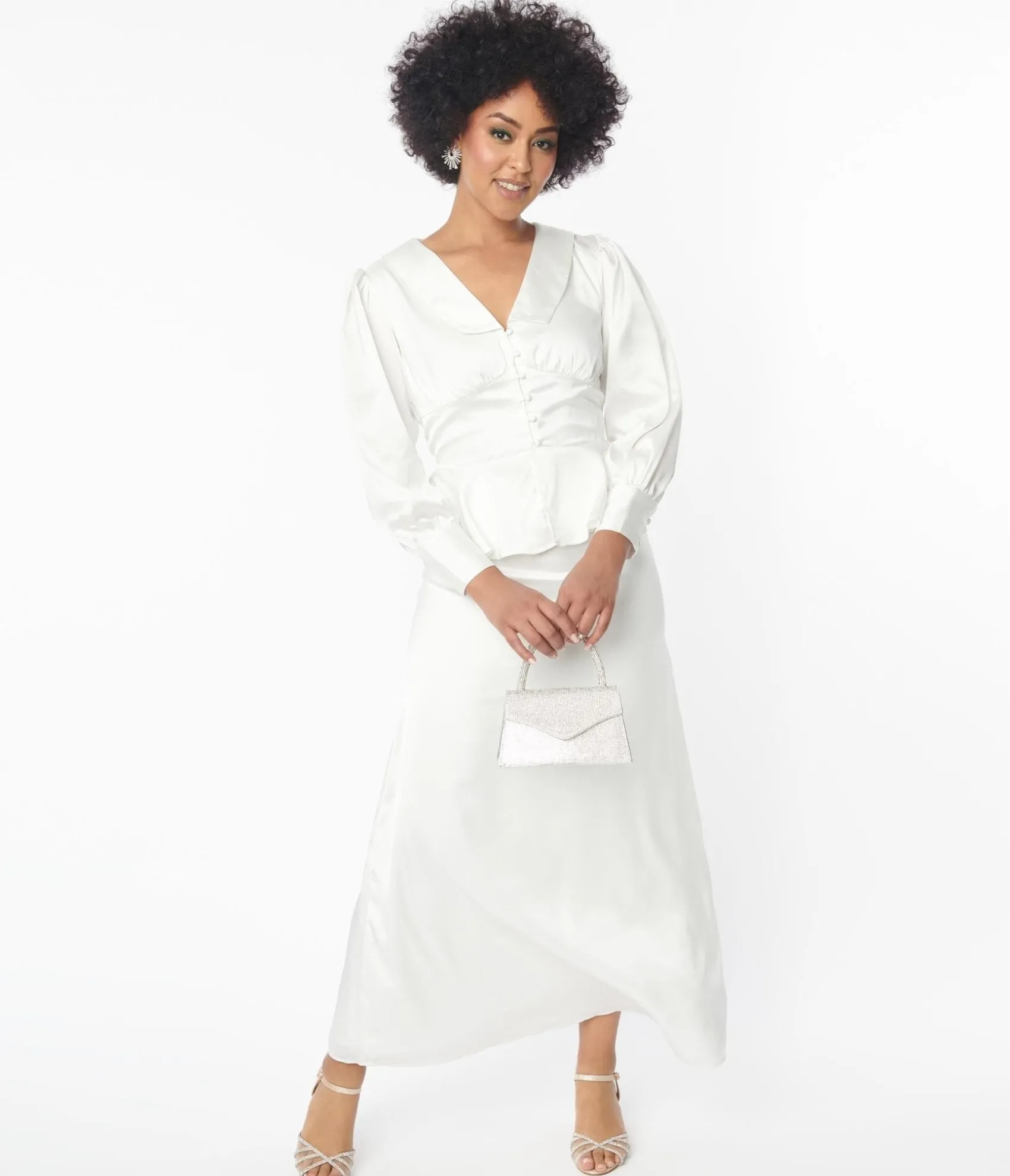 Unique Vintage Ivory Long Sleeve Blouse & Midi Skirt Bridal Set Online
