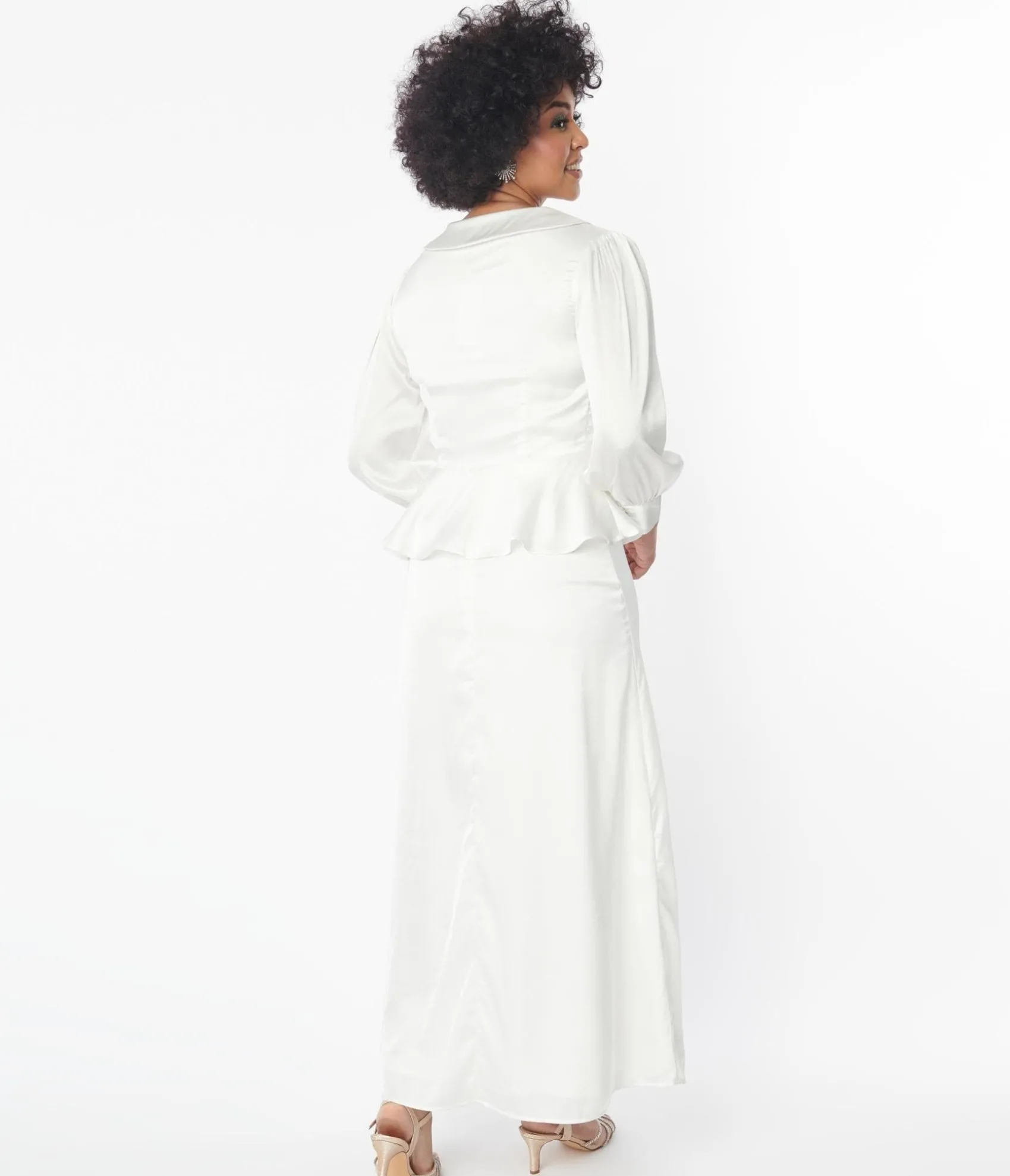 Unique Vintage Ivory Long Sleeve Blouse & Midi Skirt Bridal Set Online