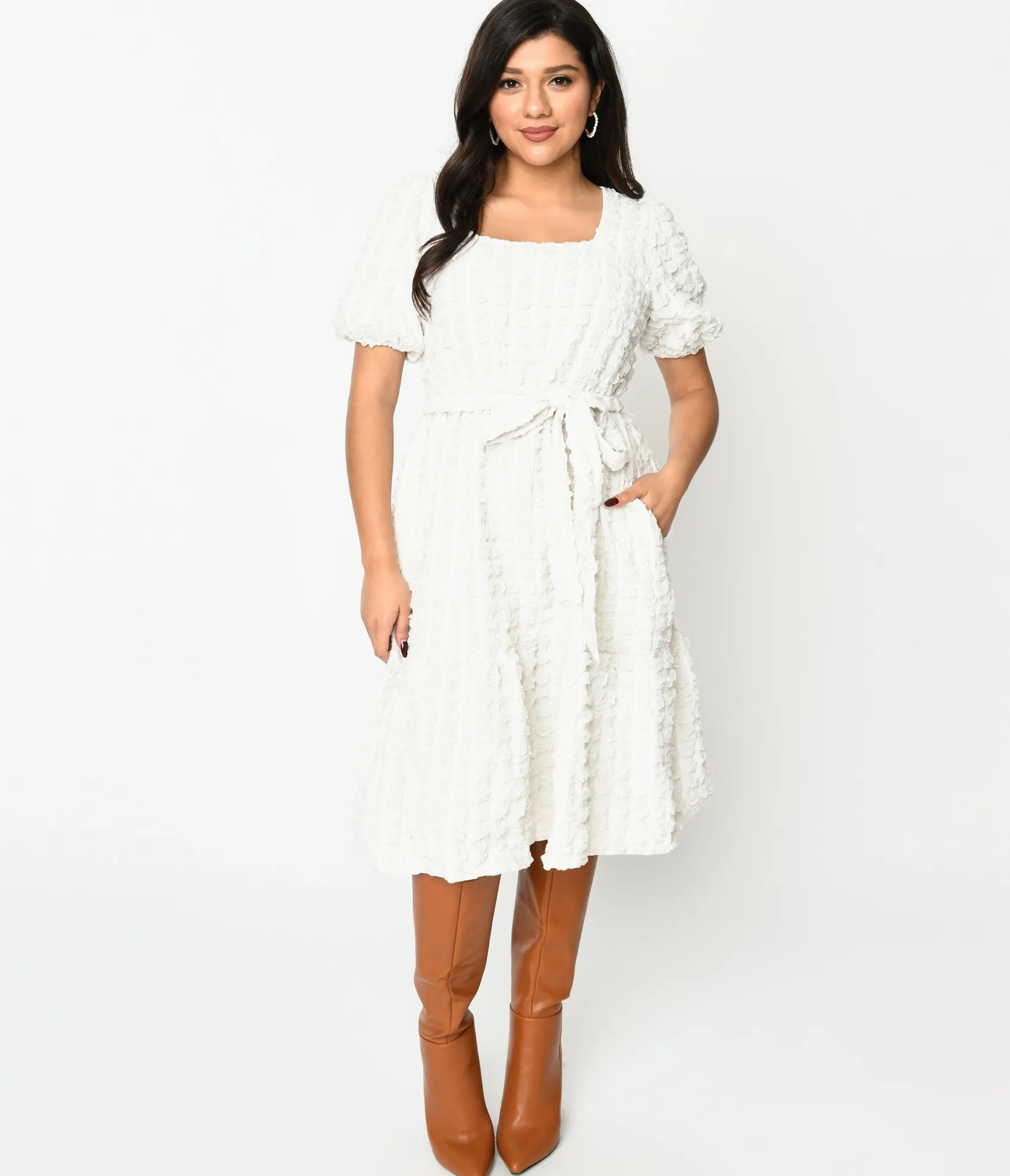 Unique Vintage Ivory Textured Smock Fit & Flare Dress Discount