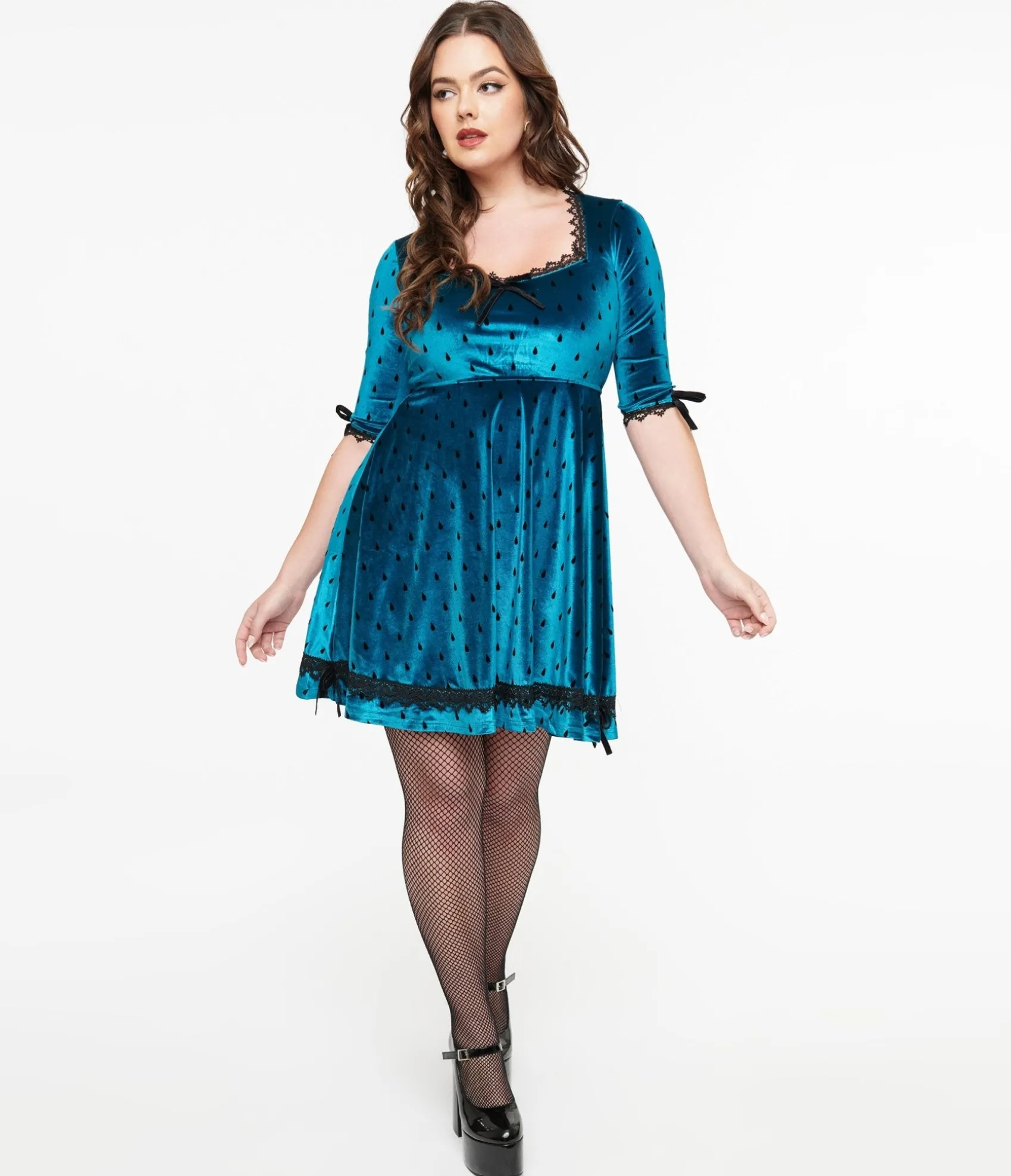 Unique Vintage Jawbreaker Teal & Black Teardrop Velvet Mini Dress Outlet