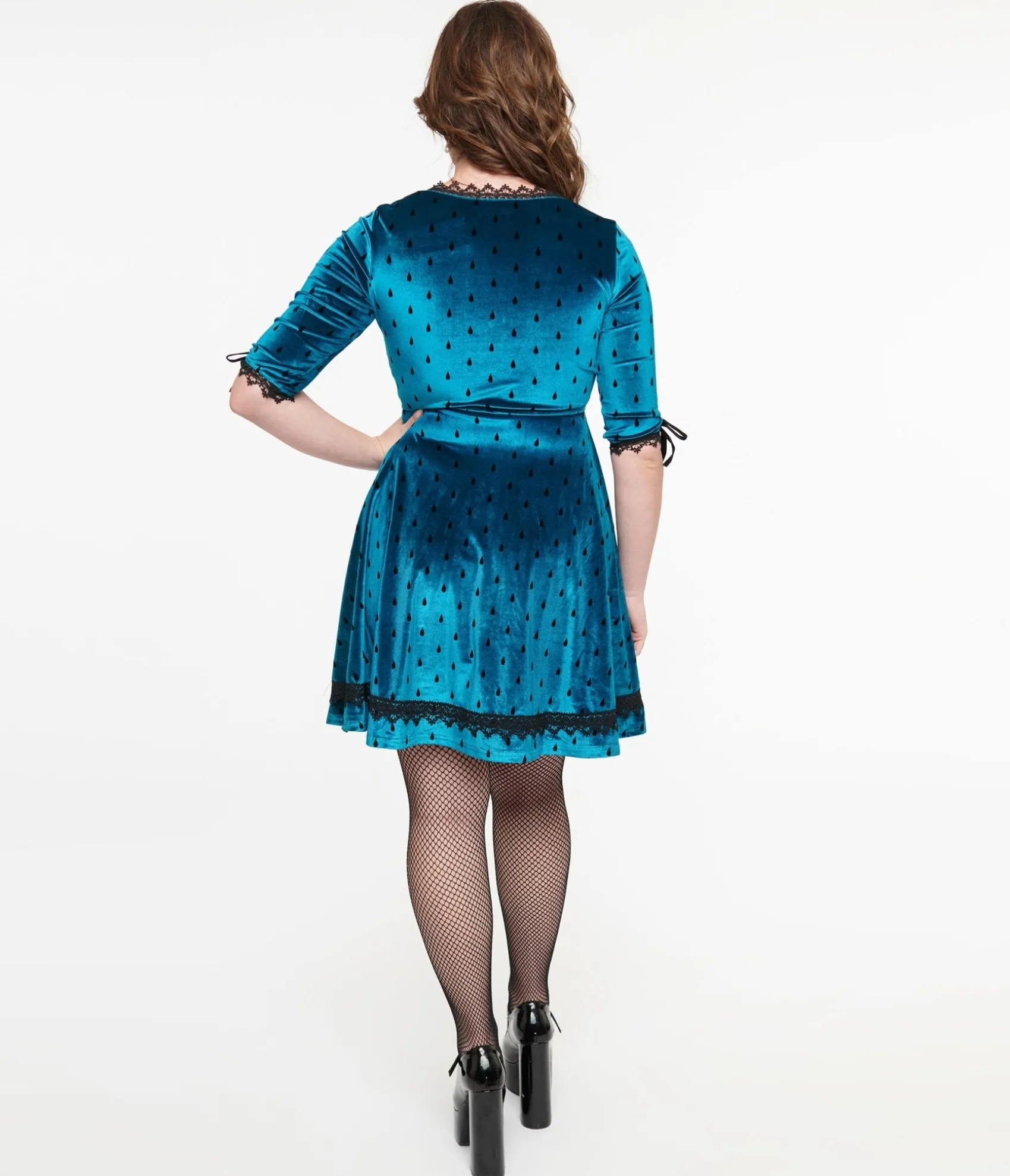 Unique Vintage Jawbreaker Teal & Black Teardrop Velvet Mini Dress Outlet