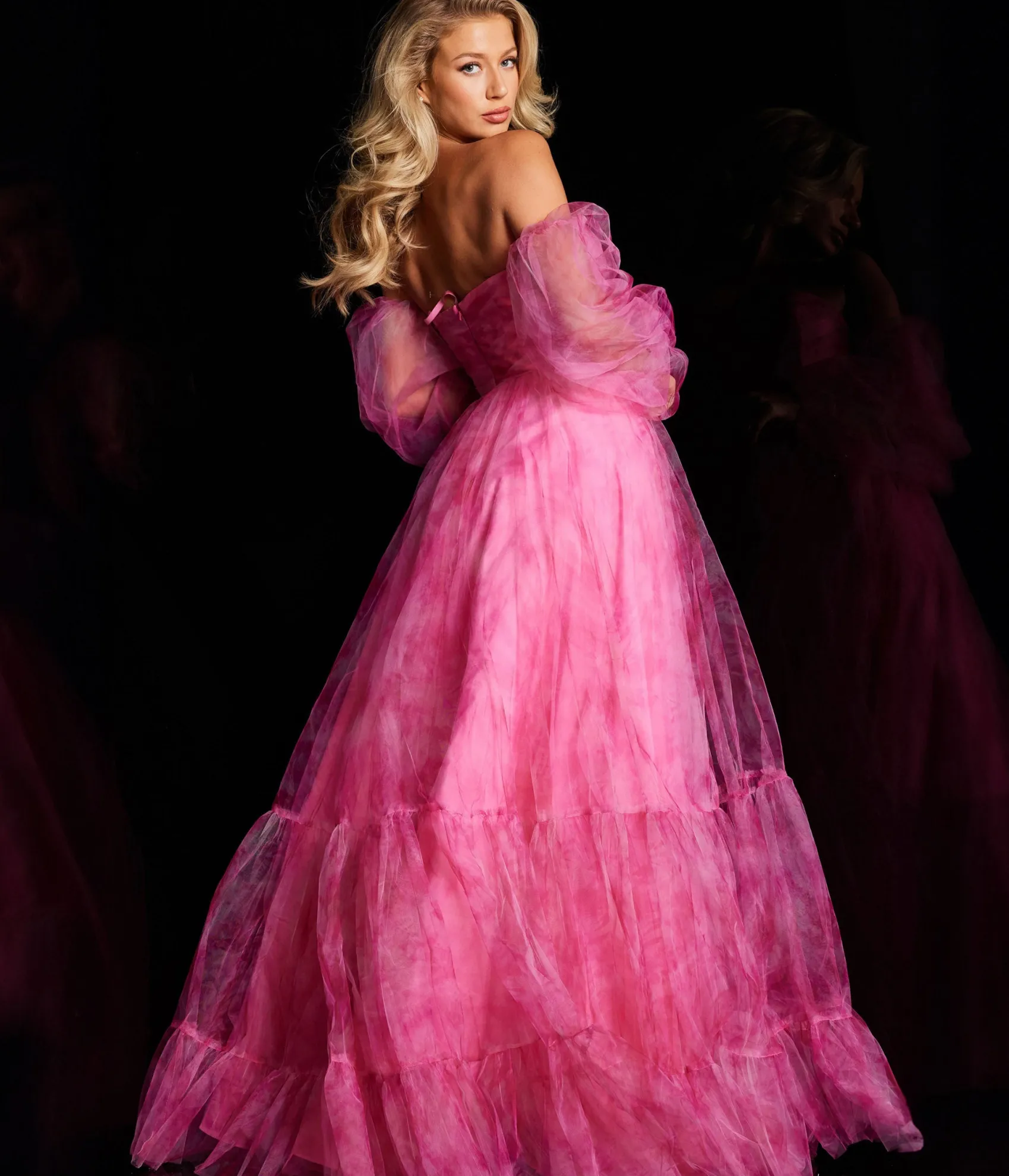 Unique Vintage Jovani Fuchsia Off The Shoulder Ruched Organza Ballgown Discount