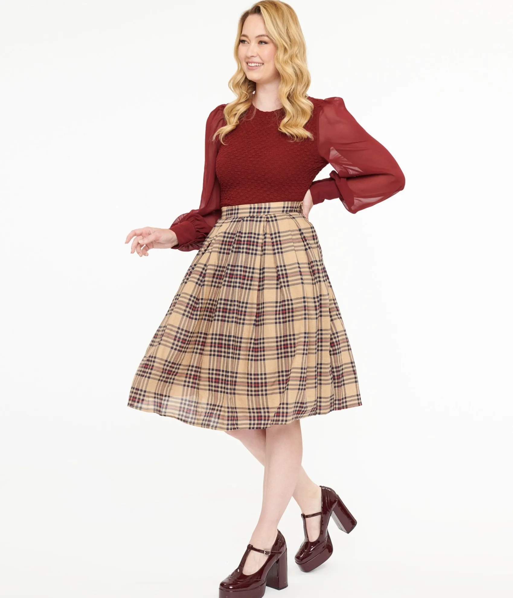 Unique Vintage Khaki Plaid Fit & Flare Cotton Skirt Shop