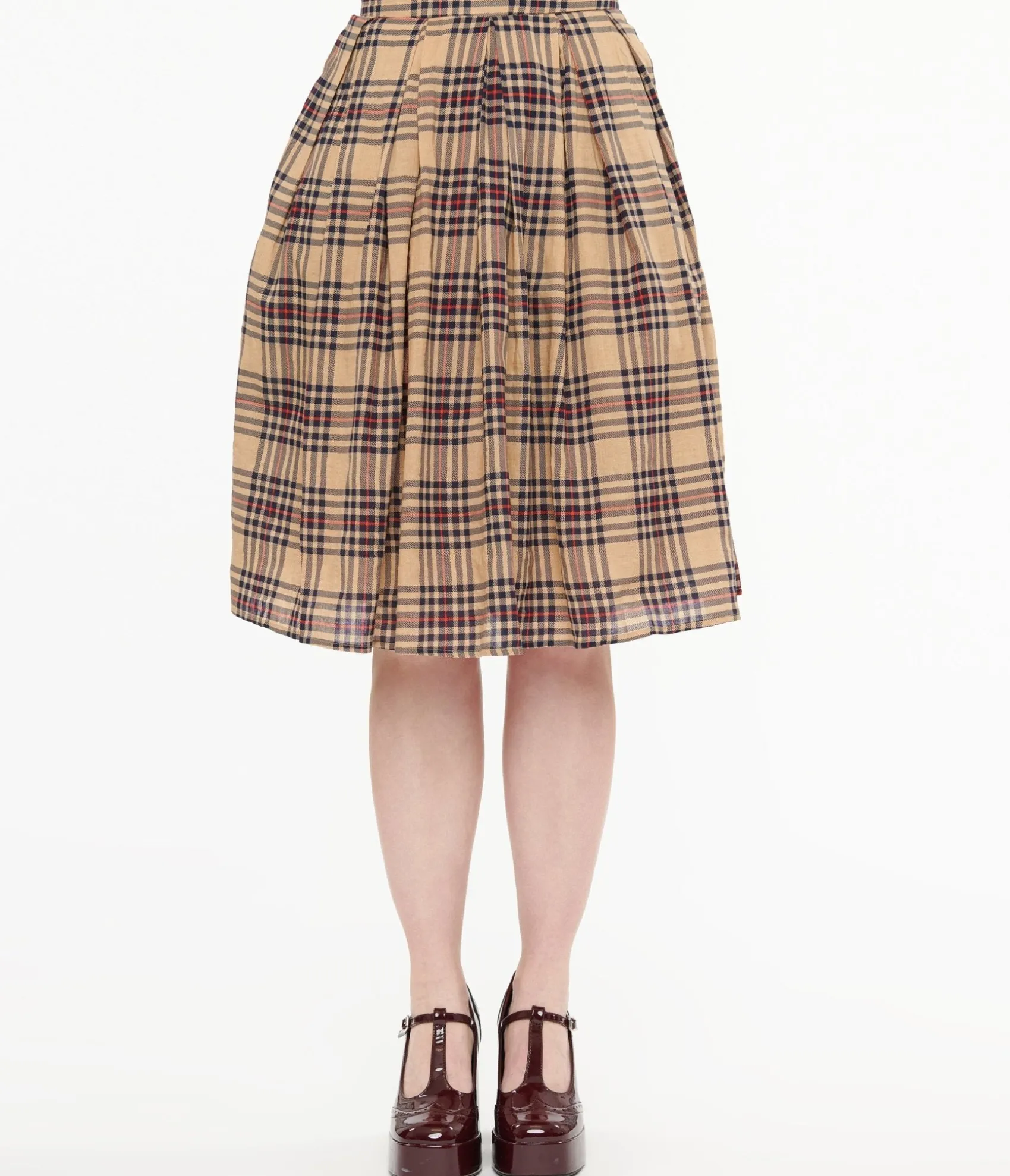 Unique Vintage Khaki Plaid Fit & Flare Cotton Skirt Shop