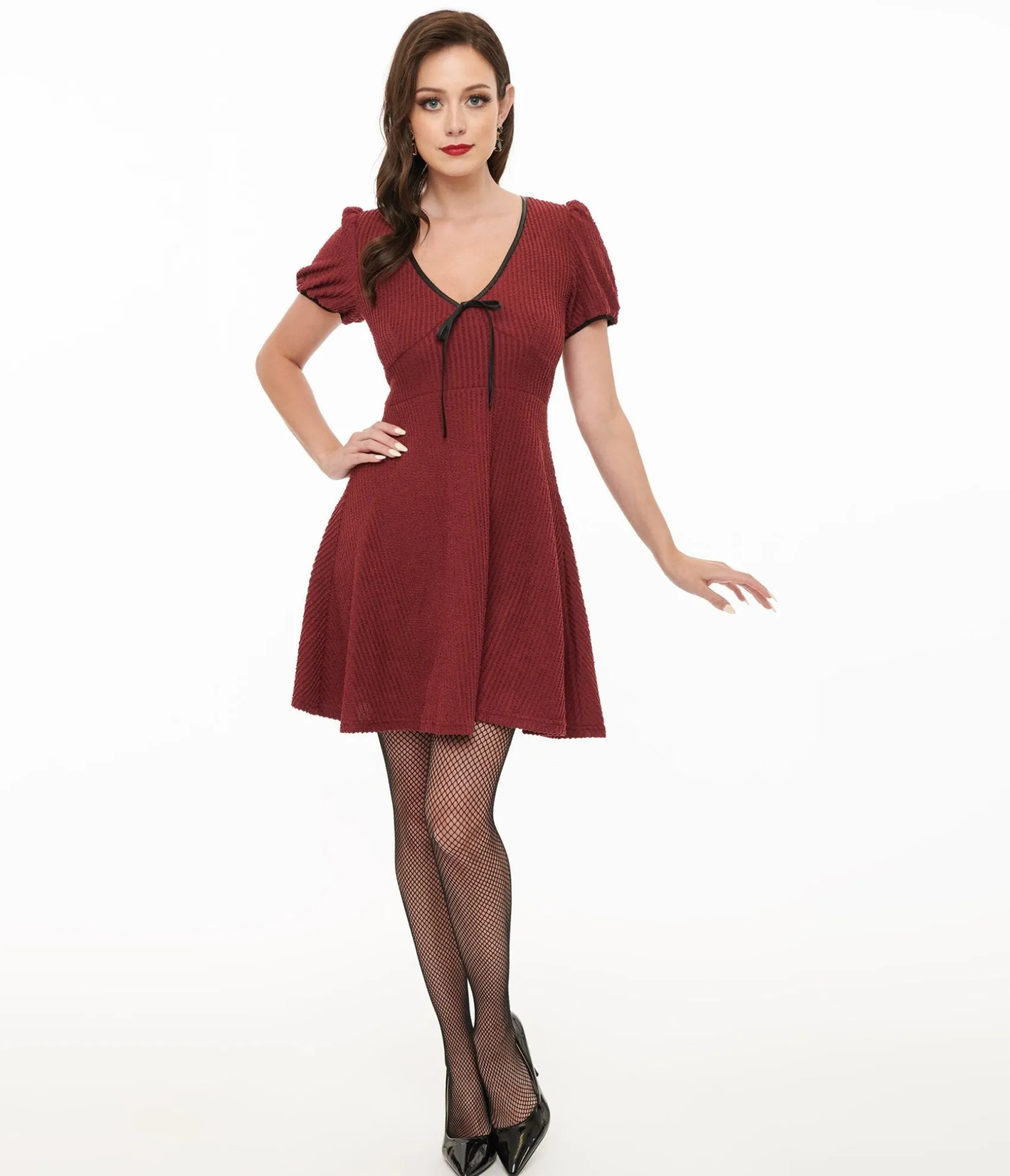 Unique Vintage Killstar Burgundy Ribbed Chaseleigh Mini Dress New