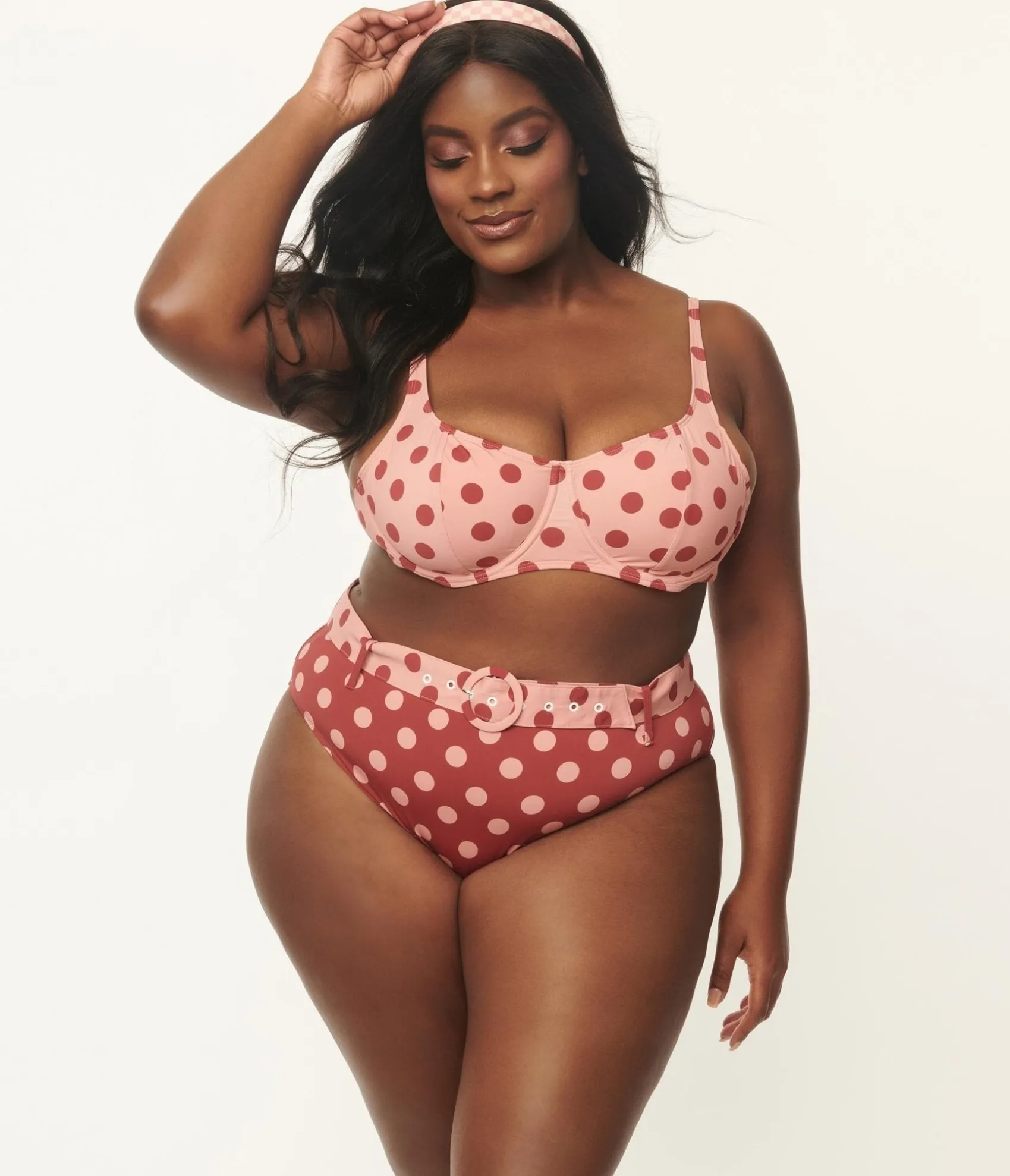 Unique Vintage Kingdom & State Plus Size Dusty Pink & Burgundy Polka Dot Swim Top Best Sale