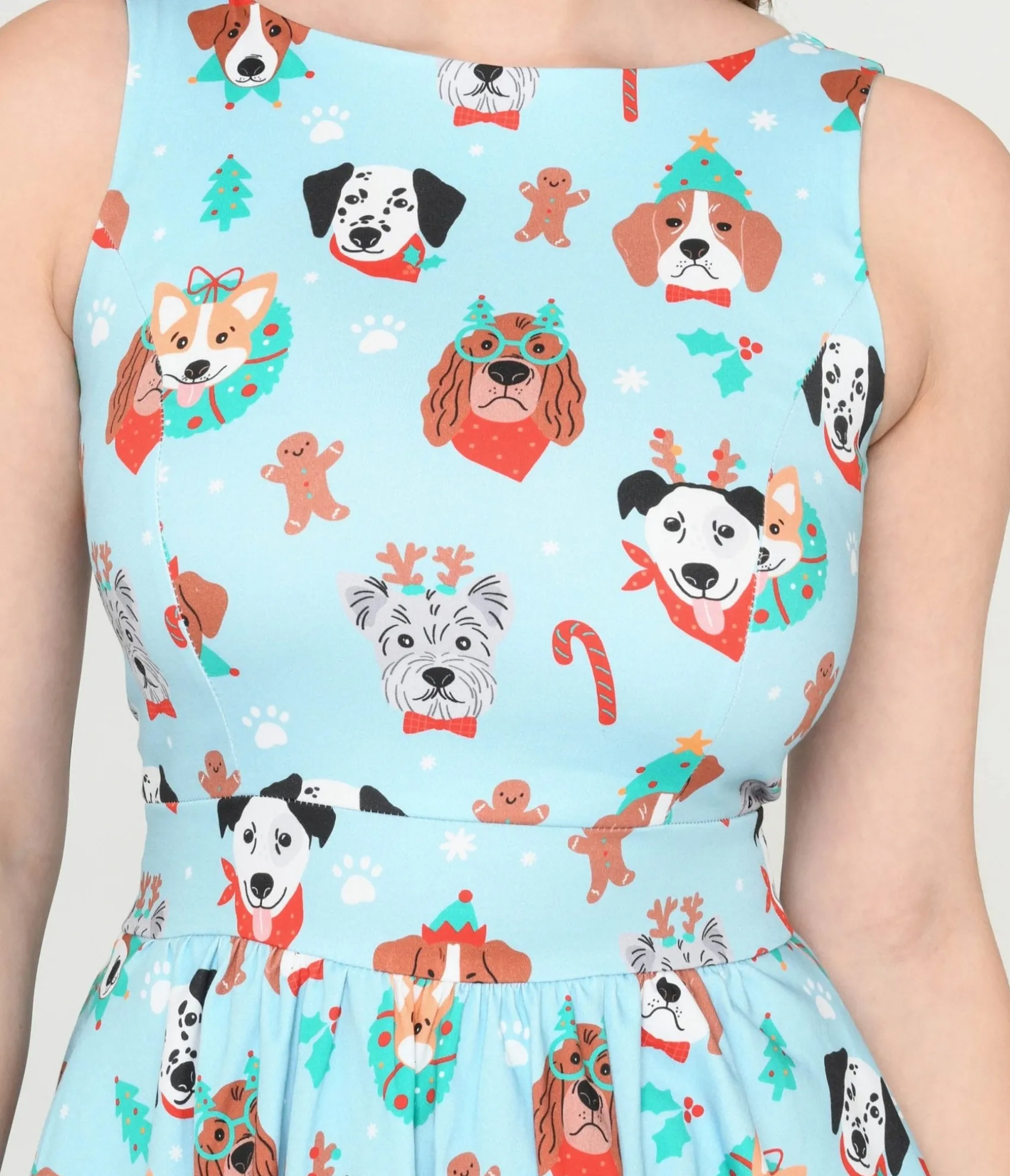 Unique Vintage Light Blue & Christmas Puppy Print Flare Dress Clearance