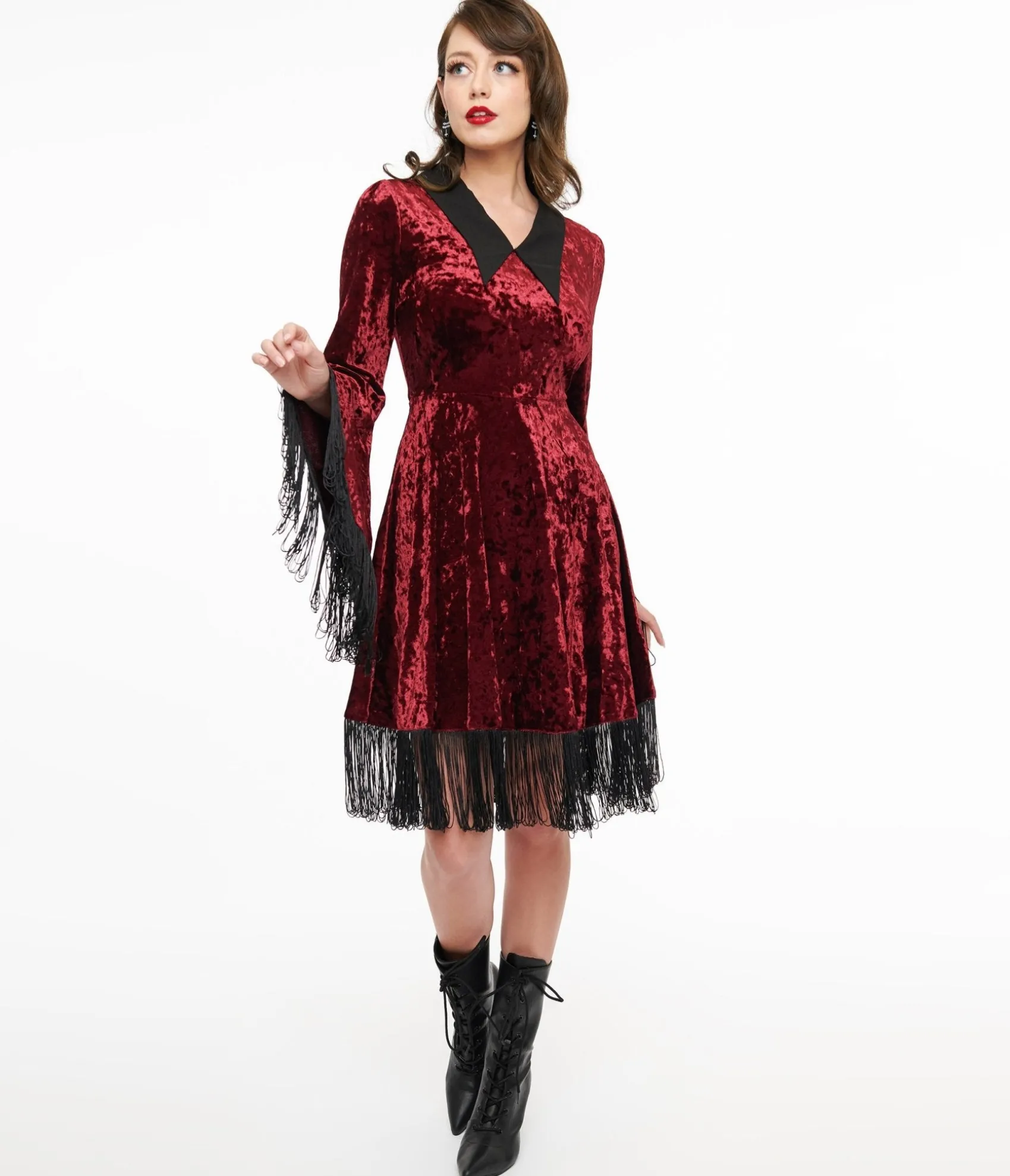 Unique Vintage Lively Ghosts Red Velvet Fringe Moon Dress Best Sale