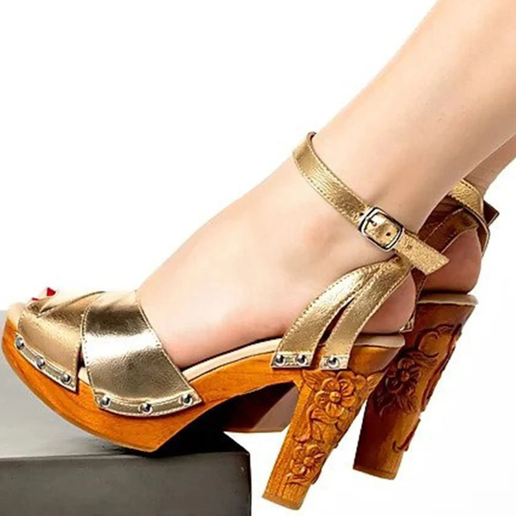 Unique Vintage Lucky Lou Shoes Cherry Blossom Gilda Gold Leatherette Heels Flash Sale