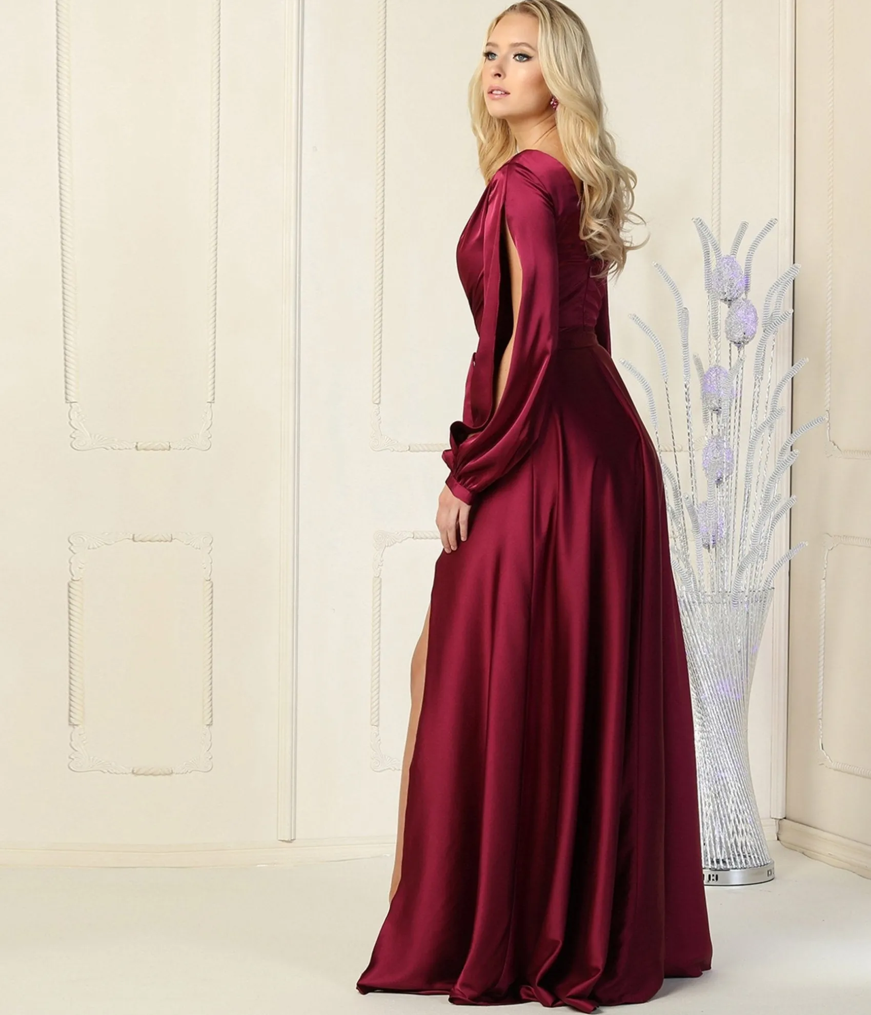 Unique Vintage Magenta Satin Long Sleeve Goddess Gown Outlet