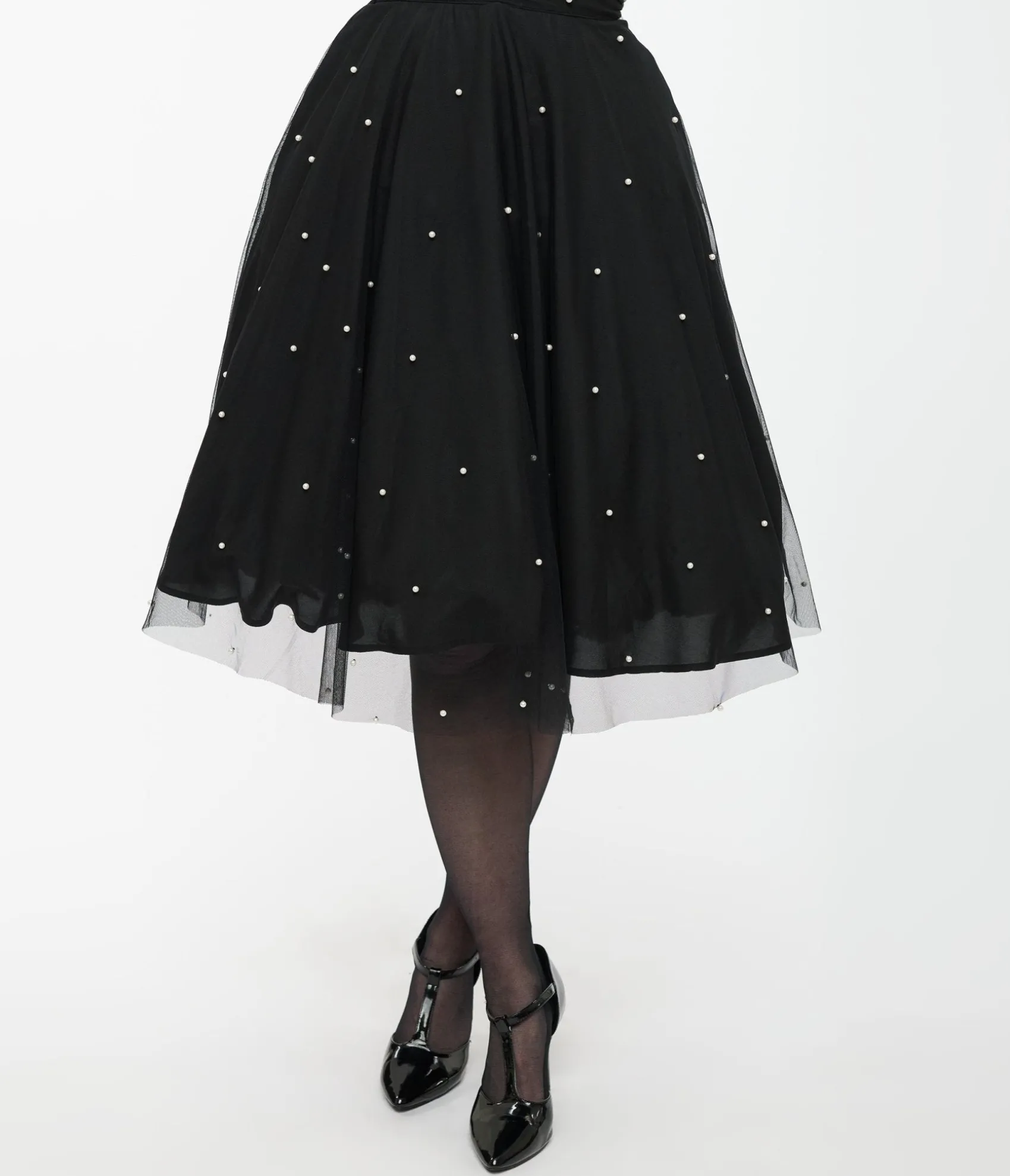 Unique Vintage Magnolia Place Black & Faux Pearl Sally Swing Skirt Flash Sale