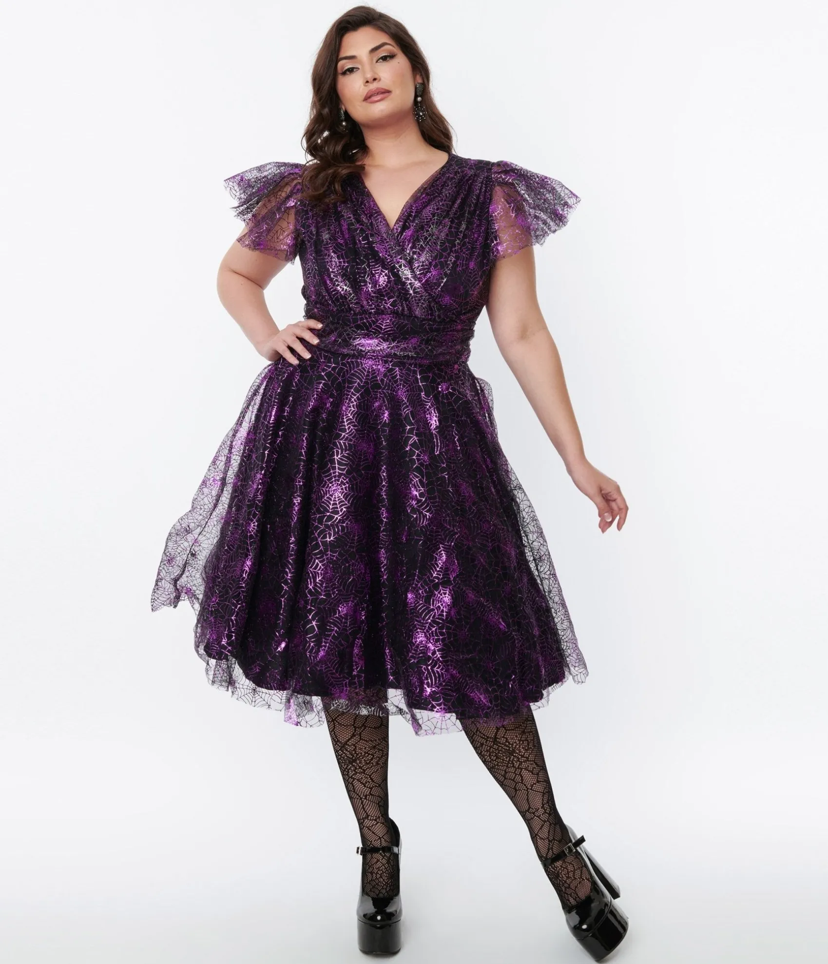 Unique Vintage Magnolia Place Black & Purple Spider Web Midori Swing Dress Hot