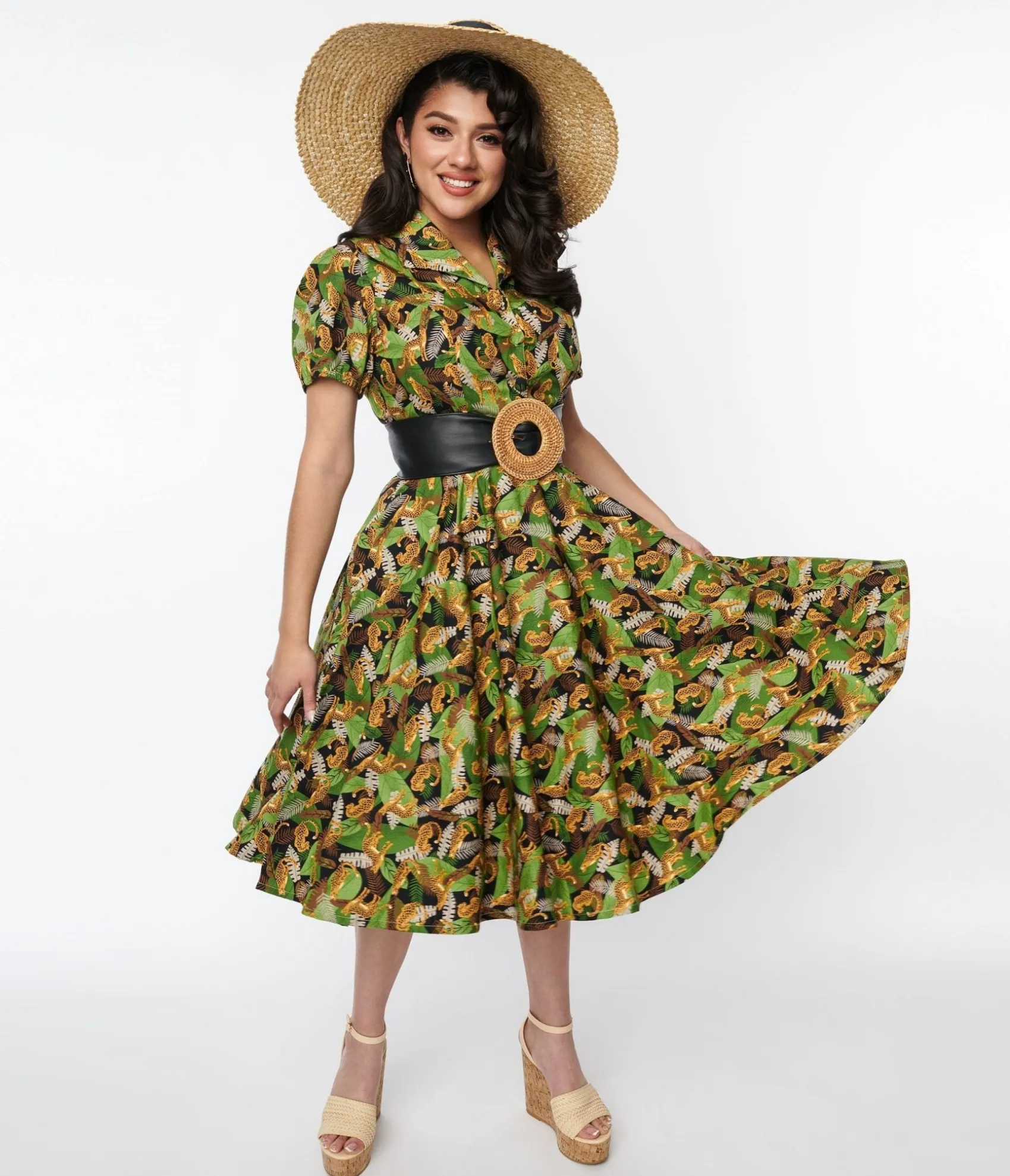 Unique Vintage Magnolia Place Black Jungle Mona Swing Dress Cheap
