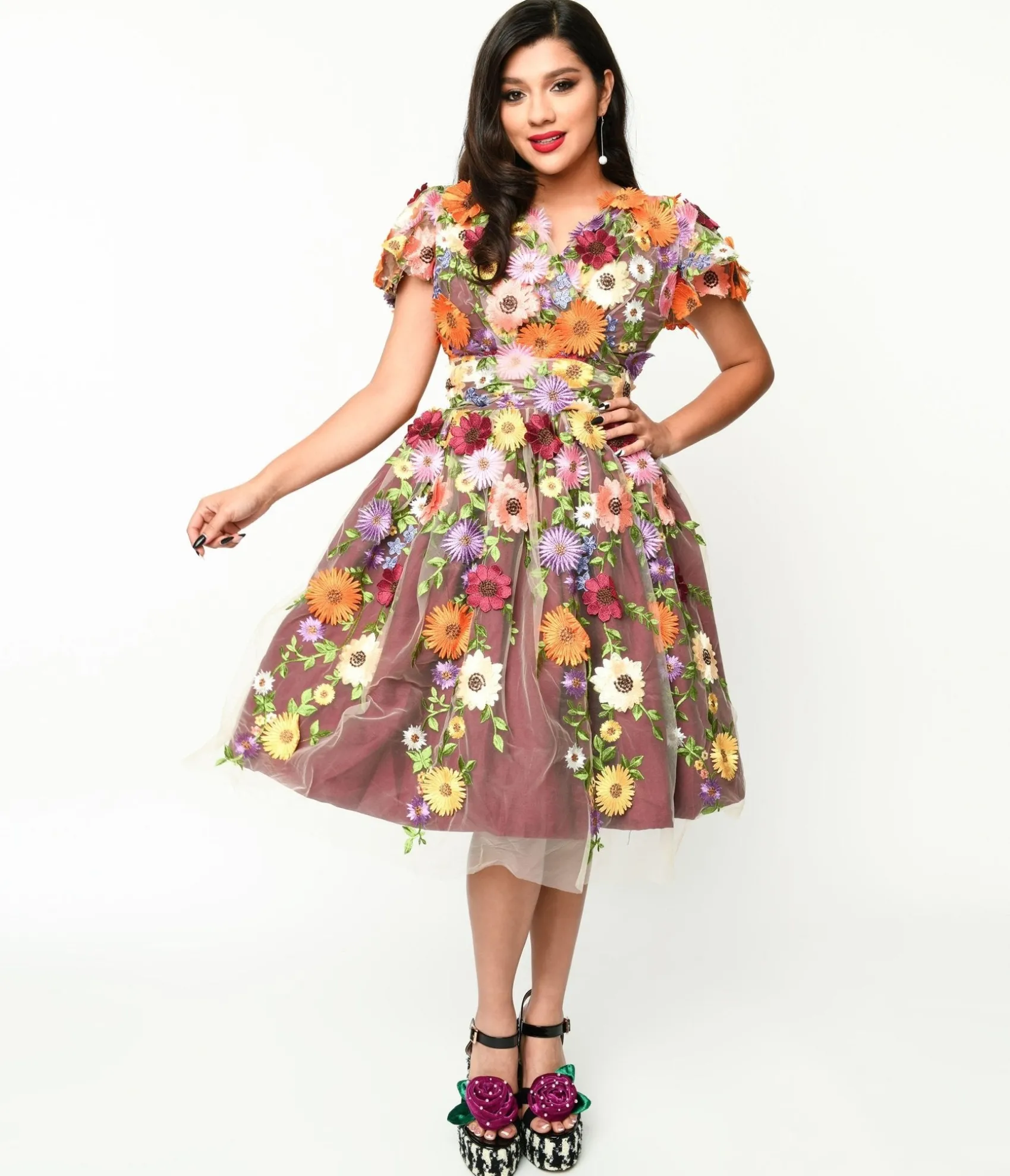 Unique Vintage Magnolia Place Burgundy Flower Party Midori Swing Dress Discount