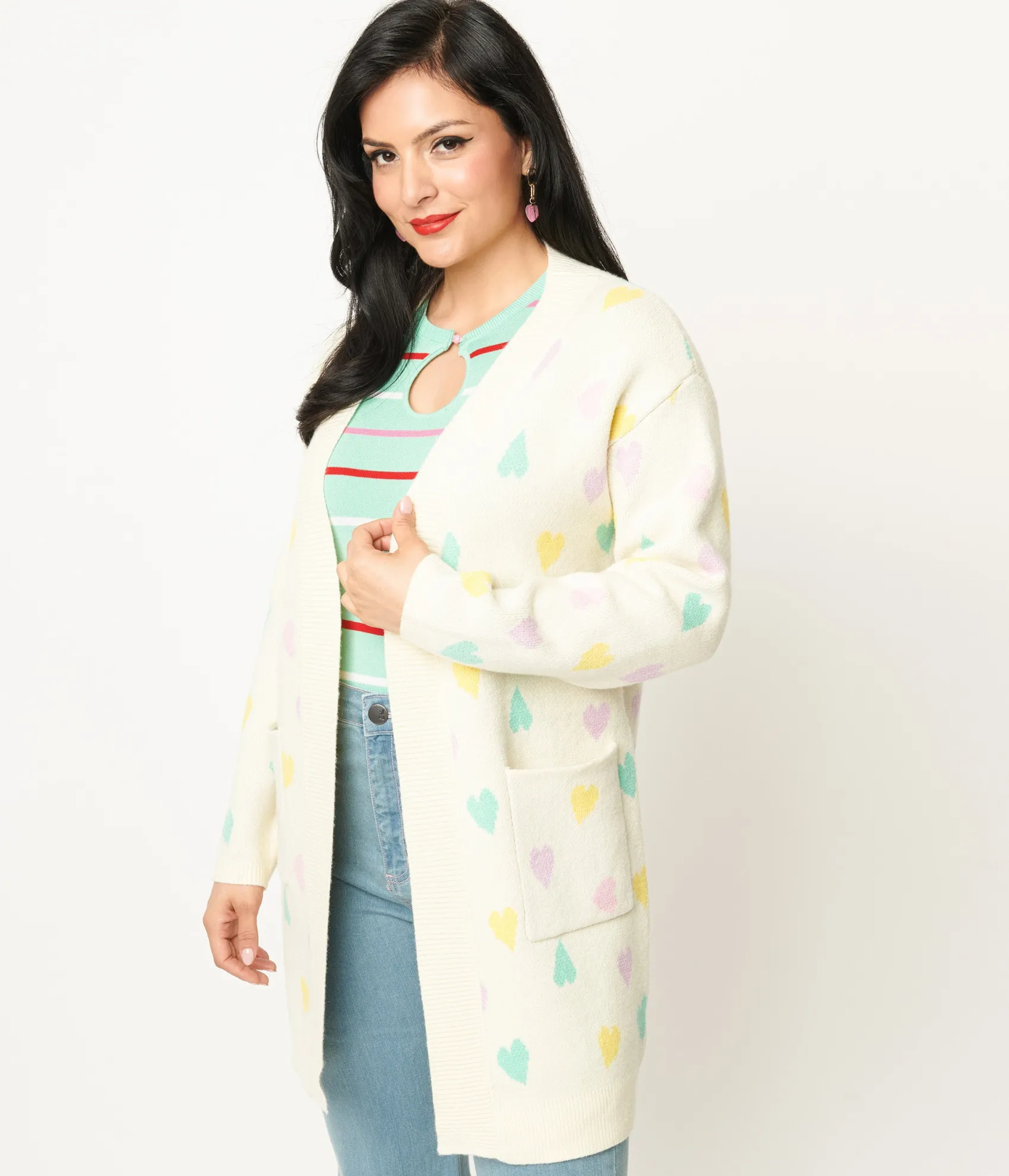 Unique Vintage Magnolia Place Cream & Pastel Hearts Cardigan Clearance