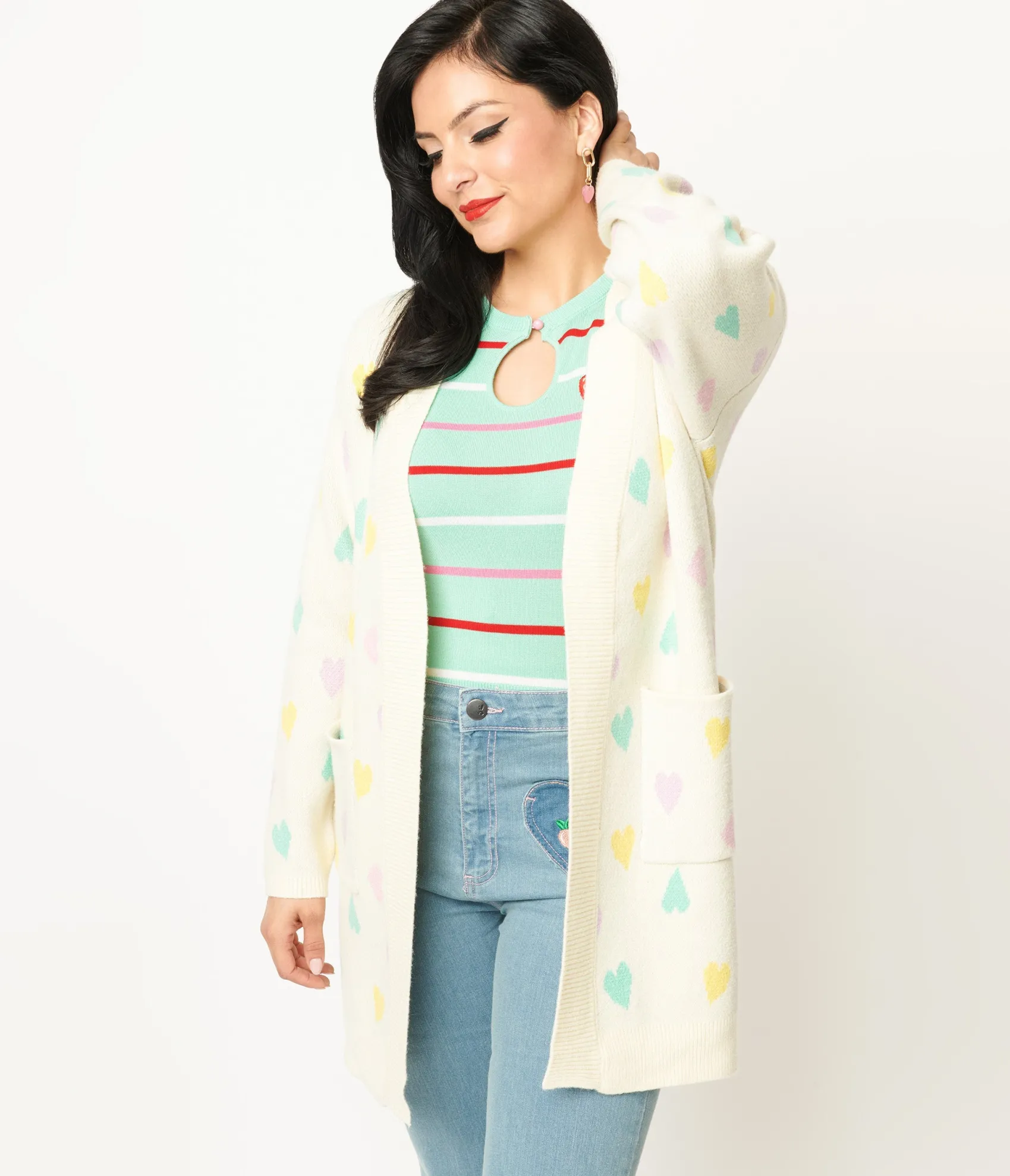 Unique Vintage Magnolia Place Cream & Pastel Hearts Cardigan Clearance