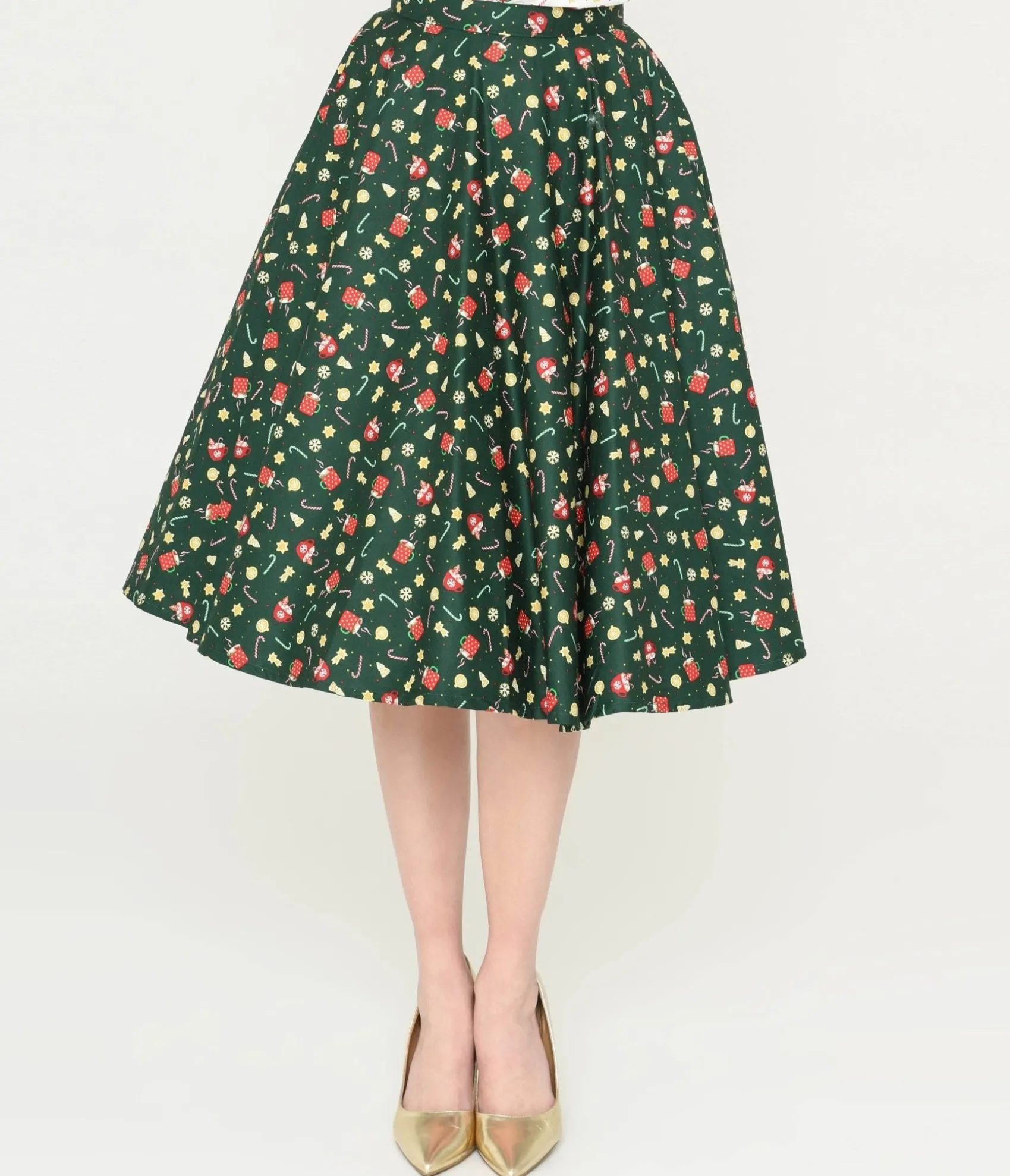 Unique Vintage Magnolia Place Green & Holiday Print Sally Swing Skirt New