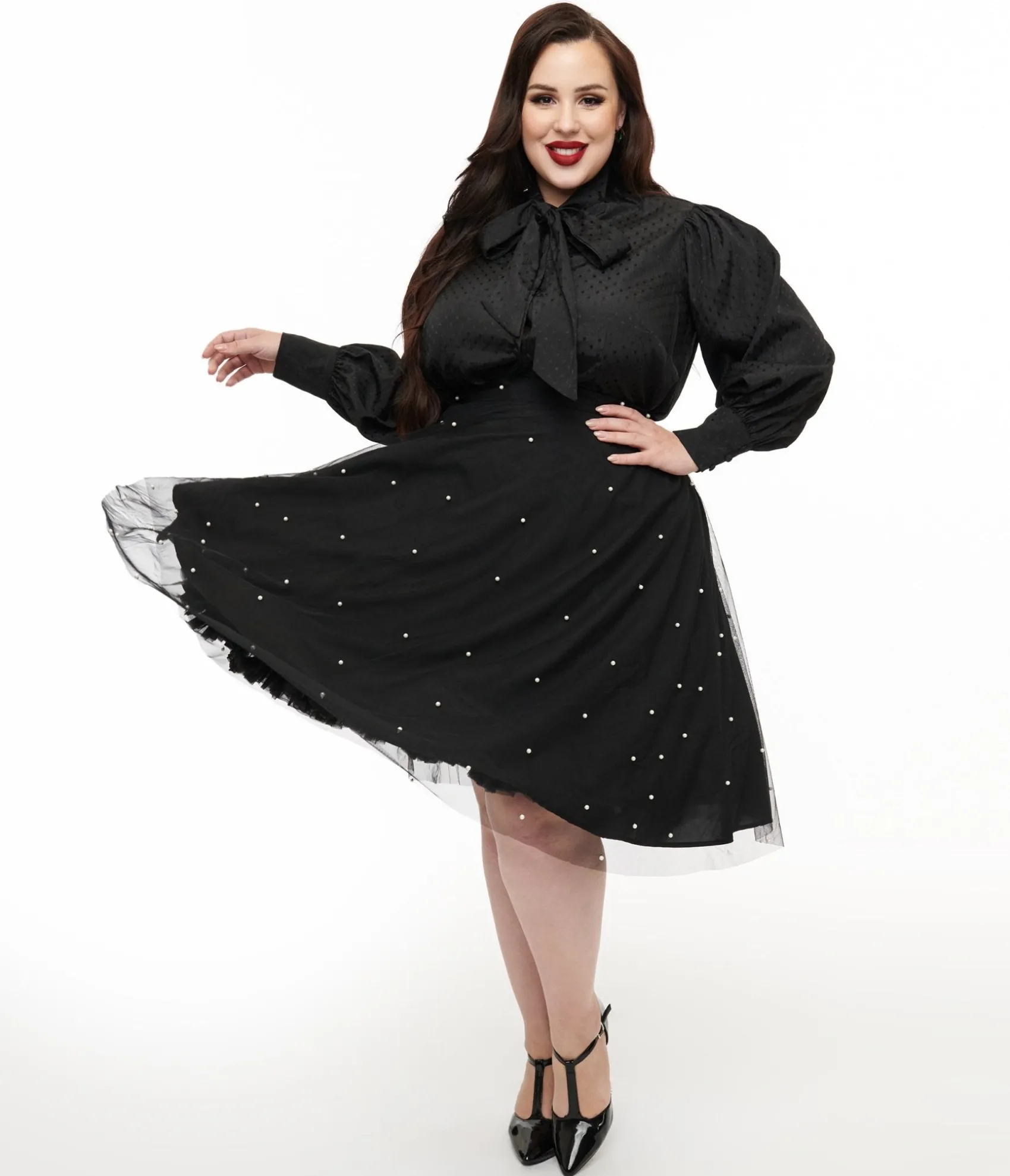 Unique Vintage Magnolia Place Plus Size Black & Faux Pearl Sally Swing Skirt Fashion