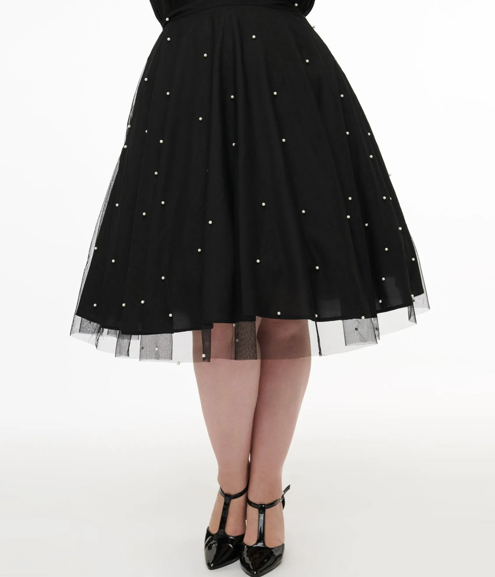 Unique Vintage Magnolia Place Plus Size Black & Faux Pearl Sally Swing Skirt Fashion