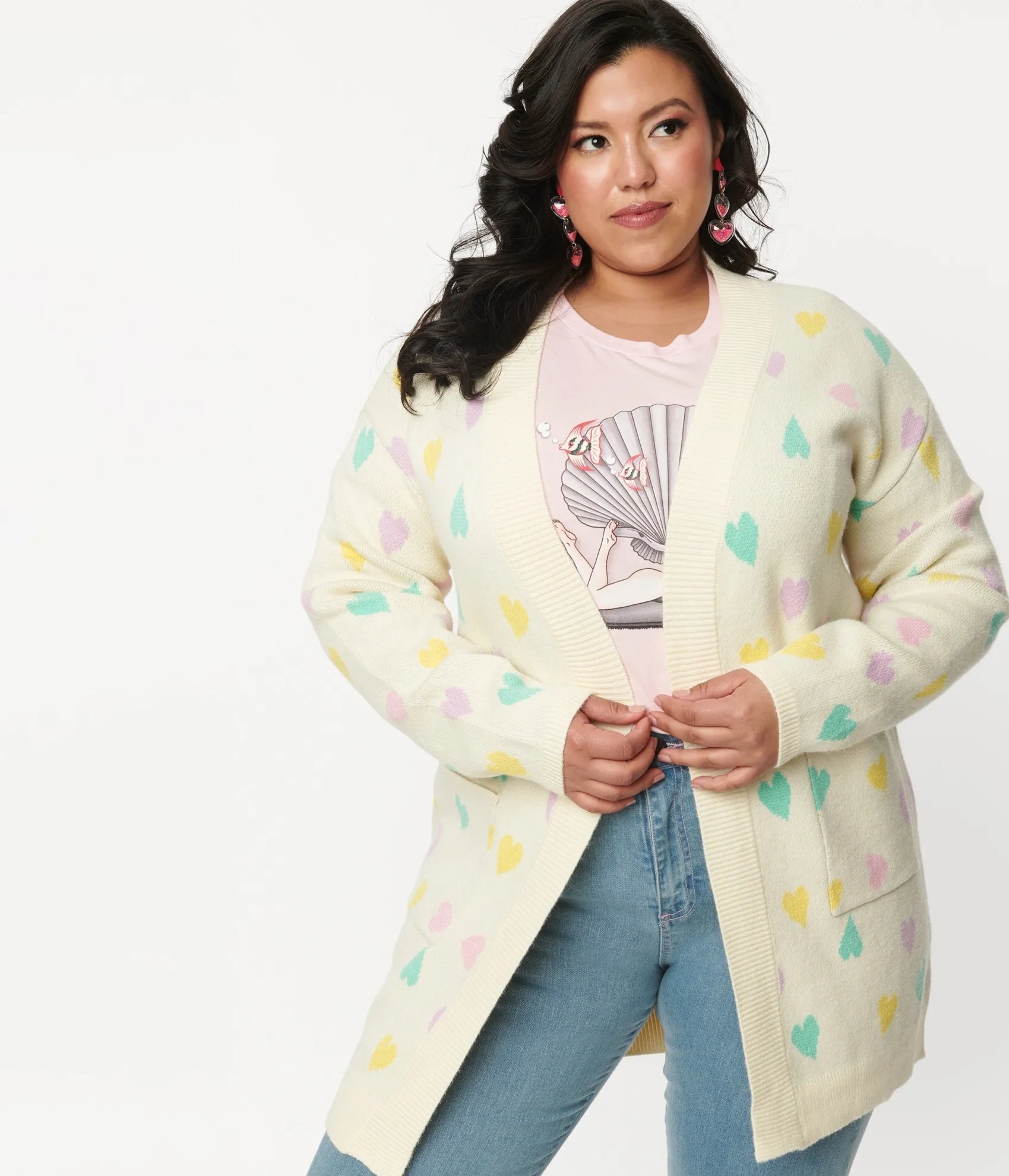 Unique Vintage Magnolia Place Plus Size Cream & Pastel Hearts Cardigan Fashion