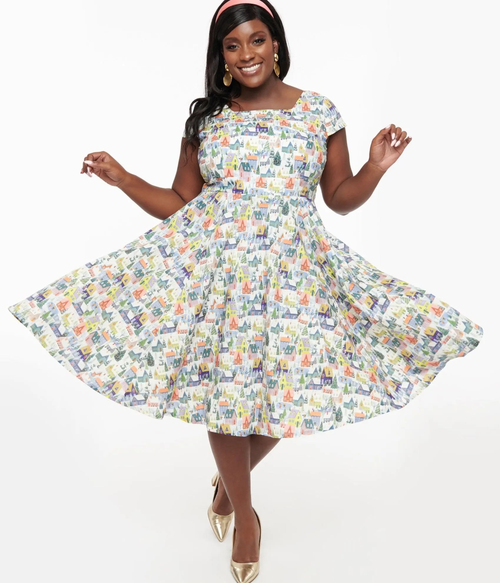 Unique Vintage Magnolia Place Plus Size Multicolor Winter House Print Anna Swing Dress Shop