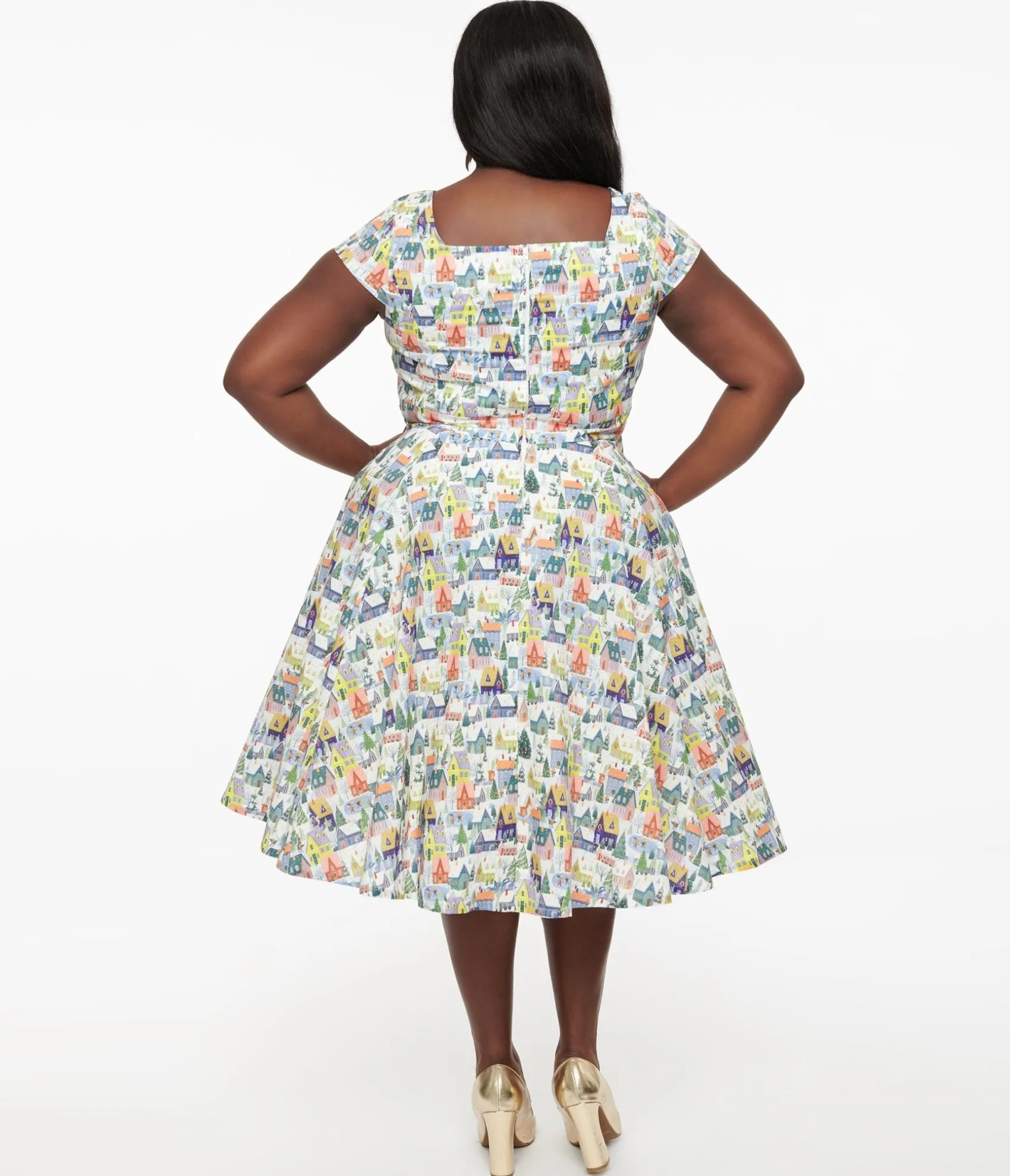 Unique Vintage Magnolia Place Plus Size Multicolor Winter House Print Anna Swing Dress Shop
