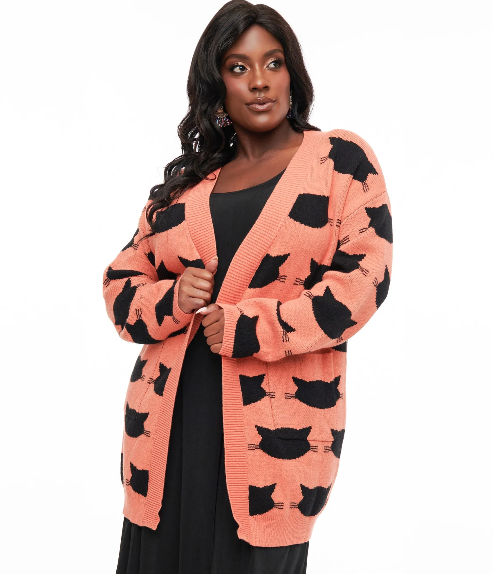 Unique Vintage Magnolia Place Plus Size Orange & Black Cat Cardigan Store